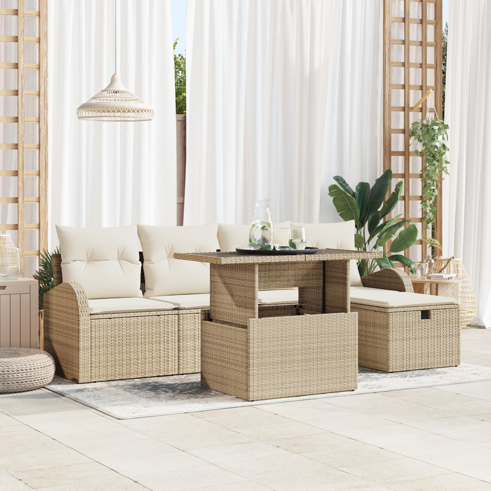 Havesofa SÃ¦t med pude med opbevaring 6 stk Beige Poly rattan