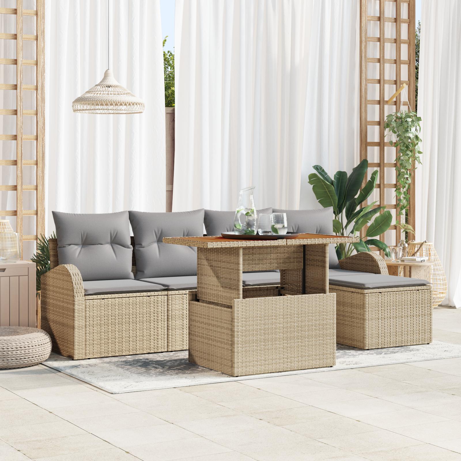 Havesofa Sæt Med Opbevaring 6 Dele Poly Rattan - beige og lysegrå
