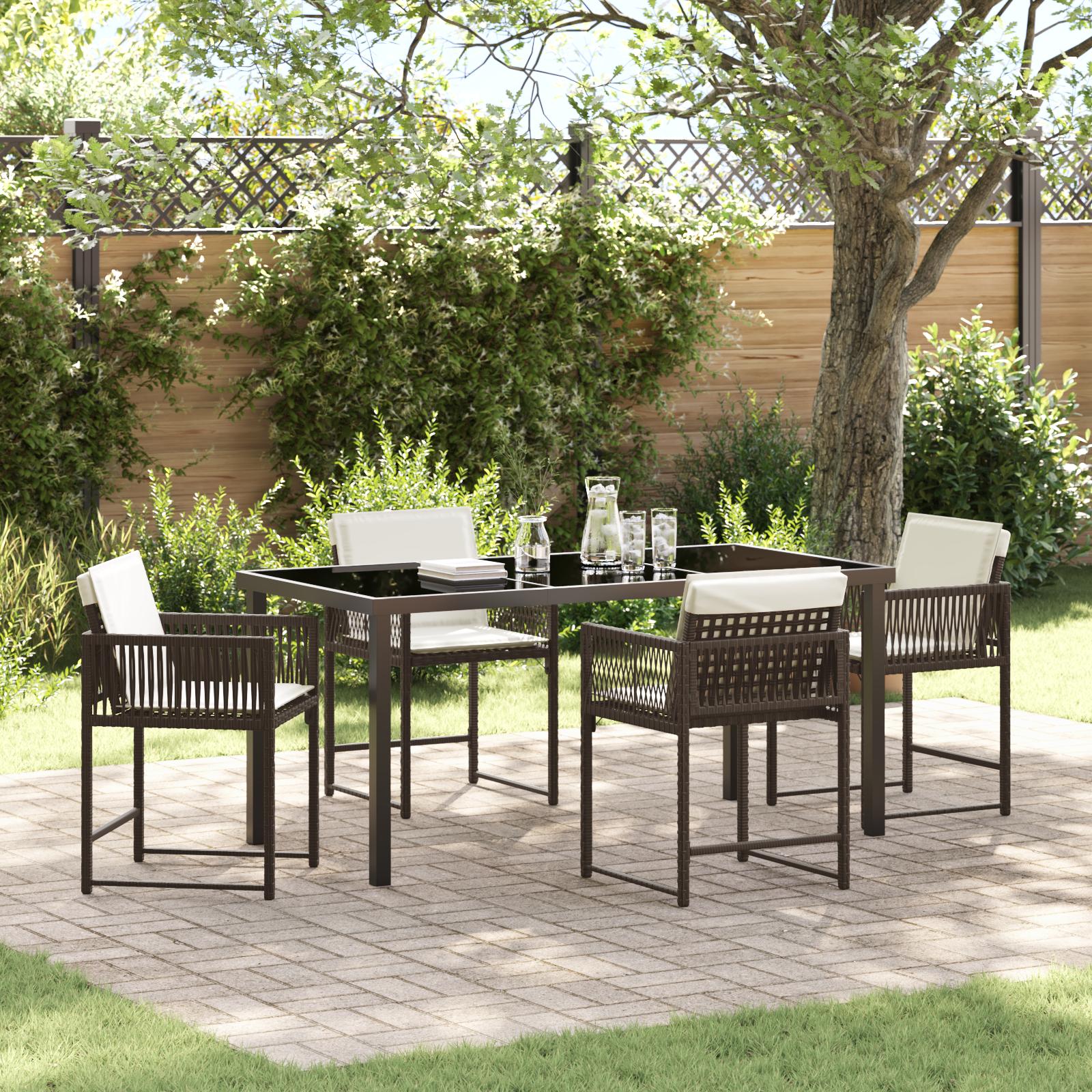 Have spisebordssæt i brun polyrattan - 5 dele med glasbord