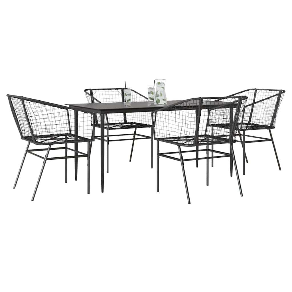 5-delt havespisesæt i polyrattan med glasbord - sort