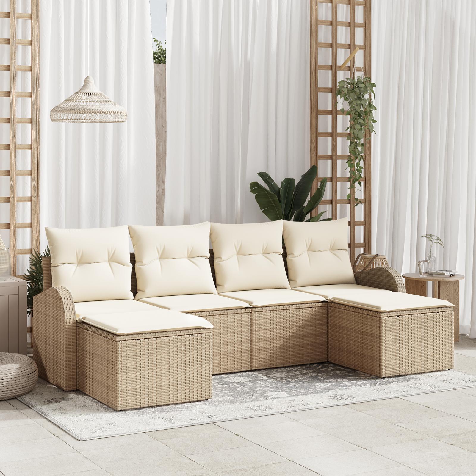 Havesofa Sæt med pude 6 stk Beige og hvid Poly rattan