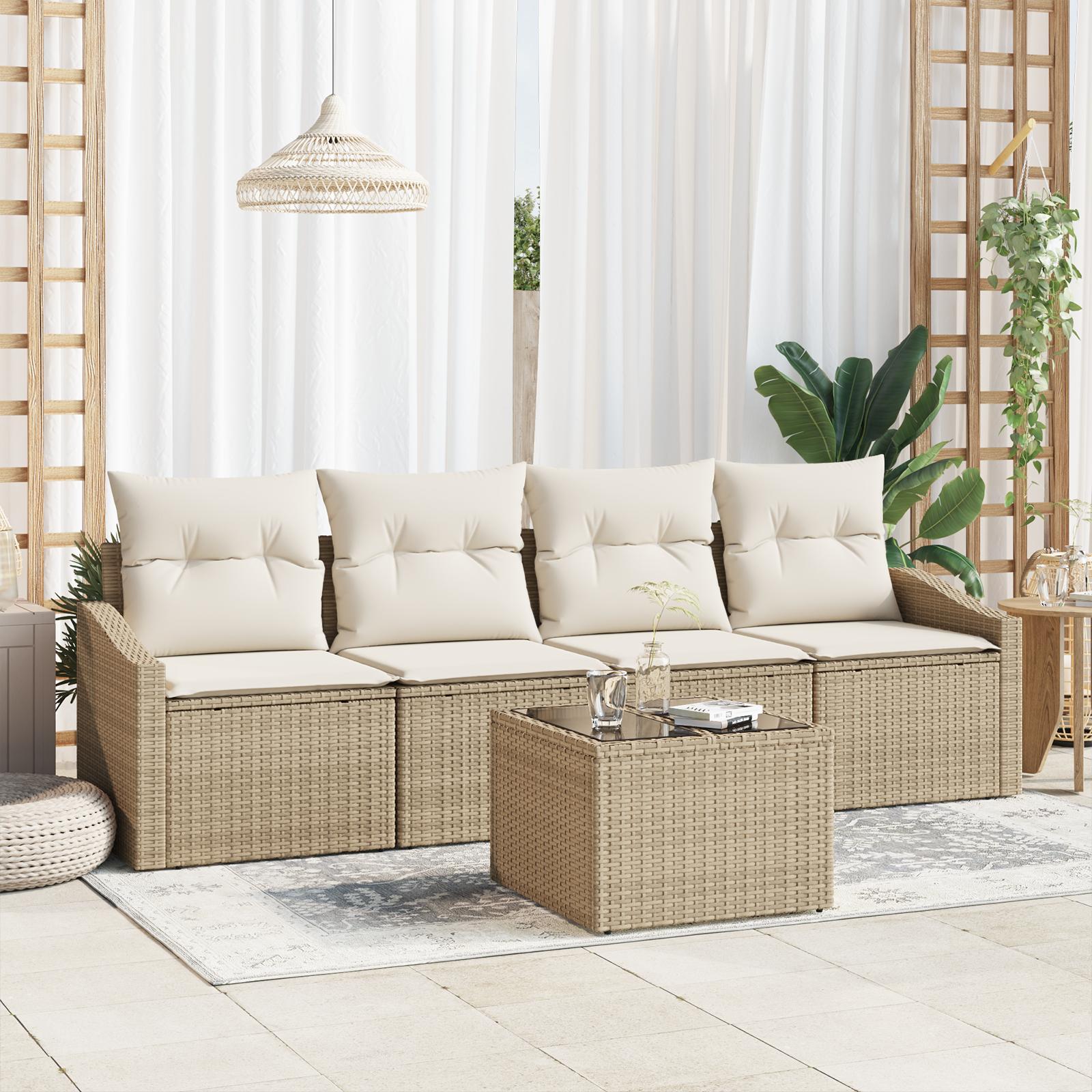 Sofa Sæt Med Pude Med Opbevaring 5 Dele Polyrattan - Beige og hvid