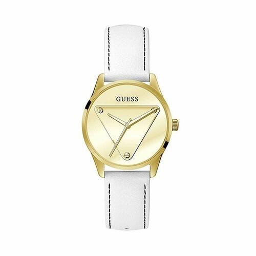 Guess dameur GW0399L1 - gylden skive, hvid læderrem (Ø 36 mm)