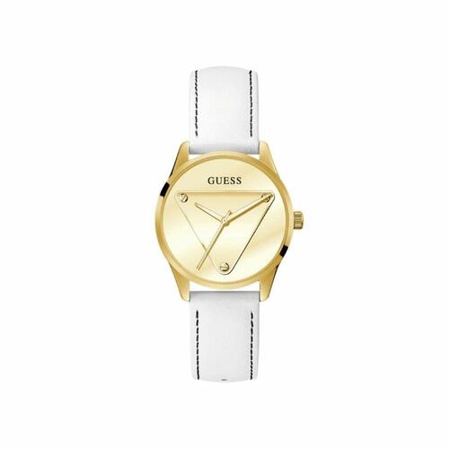 Guess dameur GW0399L1 - gylden skive, hvid læderrem (Ø 36 mm)