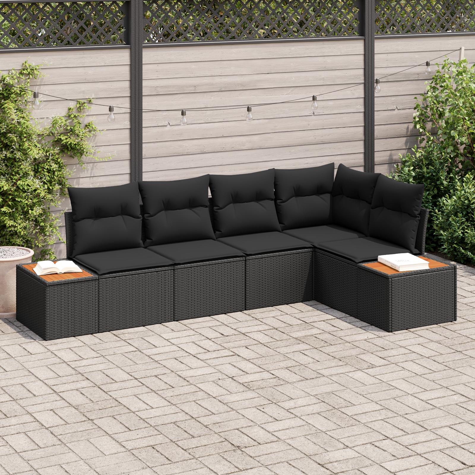 Havesofa sæt med puder 5 stk i sort poly rattan