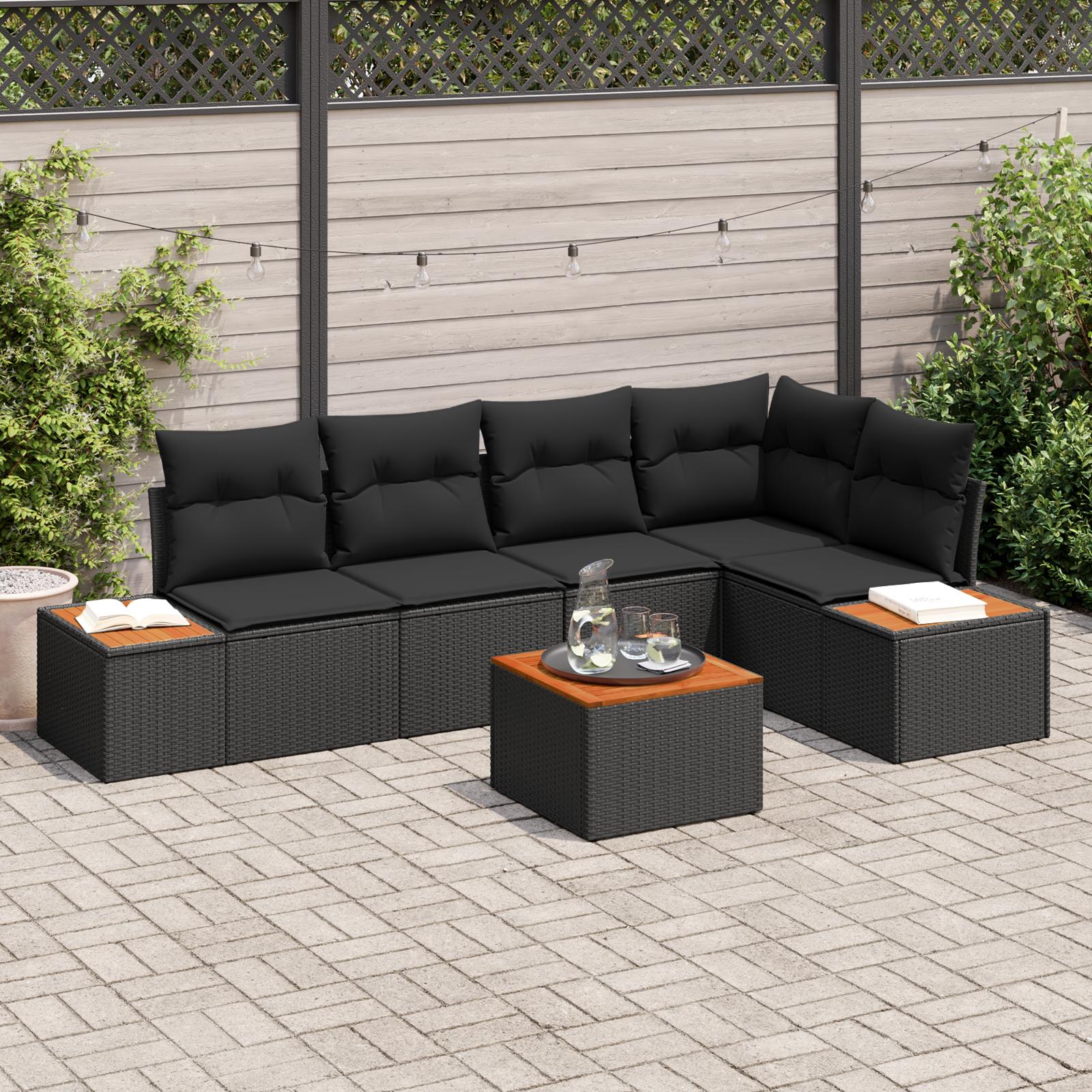 Havesofa SÃ¦t med pude 6 stk Sort Poly rattan
