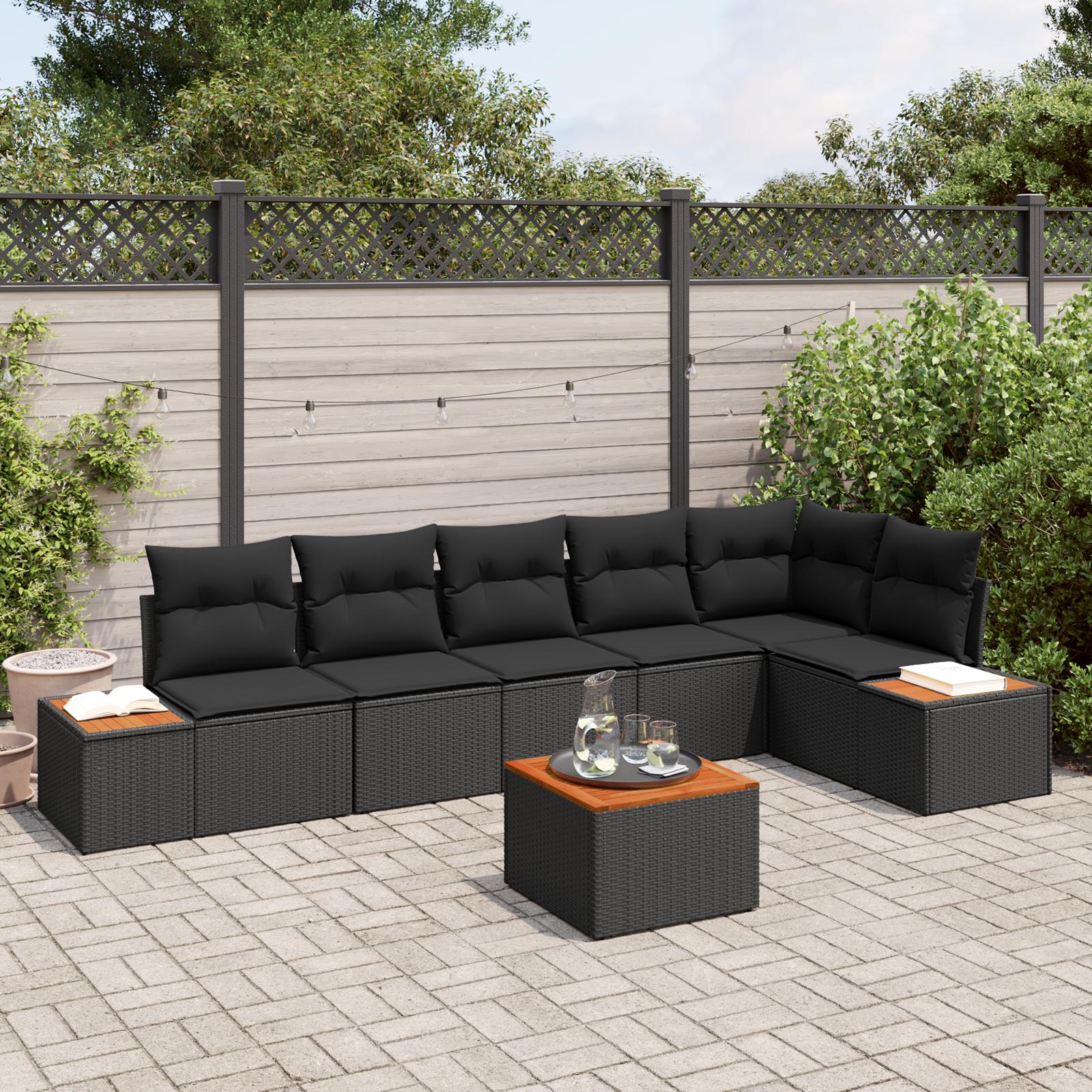 Havesofa sæt i polyrattan - 7 pers., sort, modulopbygget