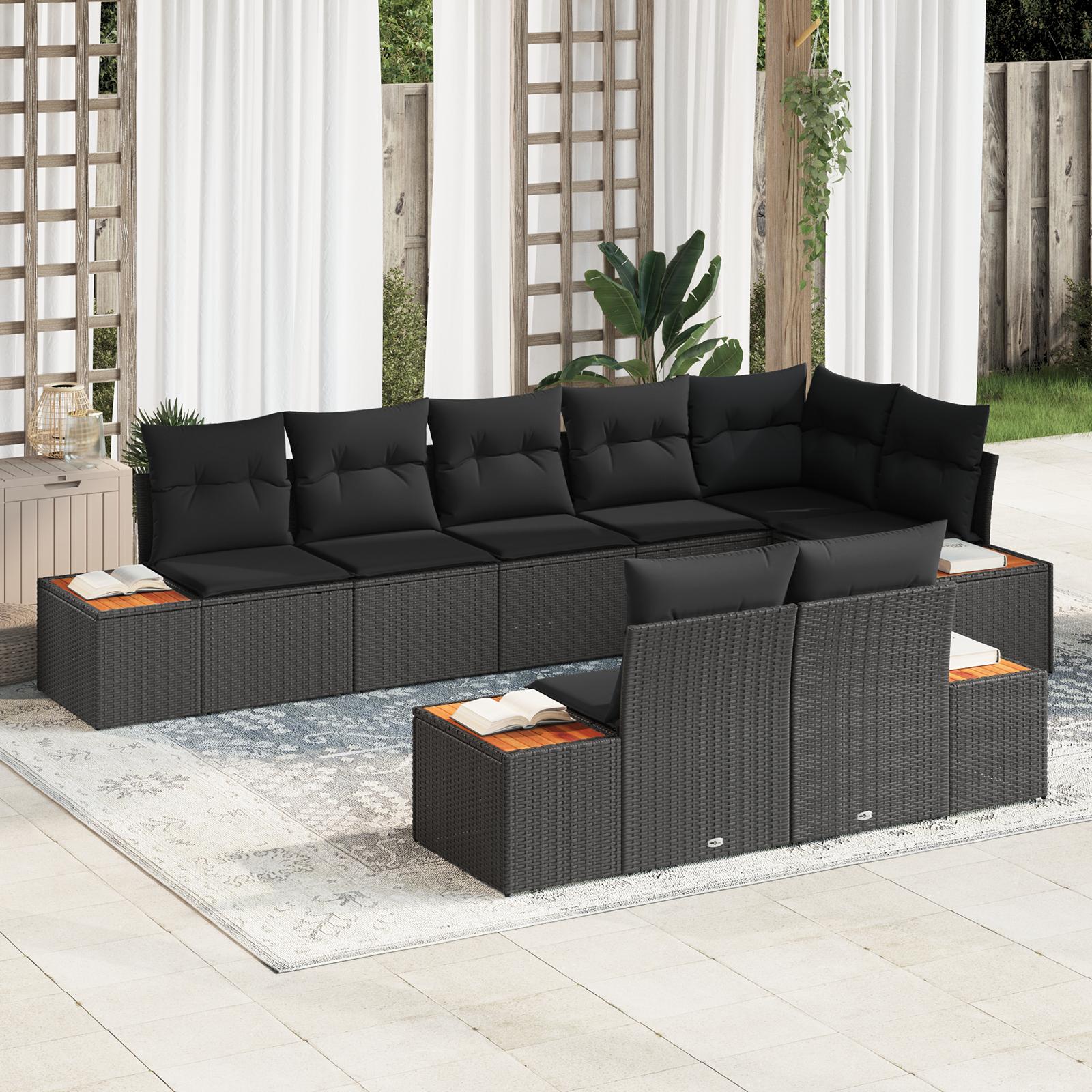 Havesofa sæt i sort polyrattan - modulopbygget loungesæt med puder, 8 pladser
