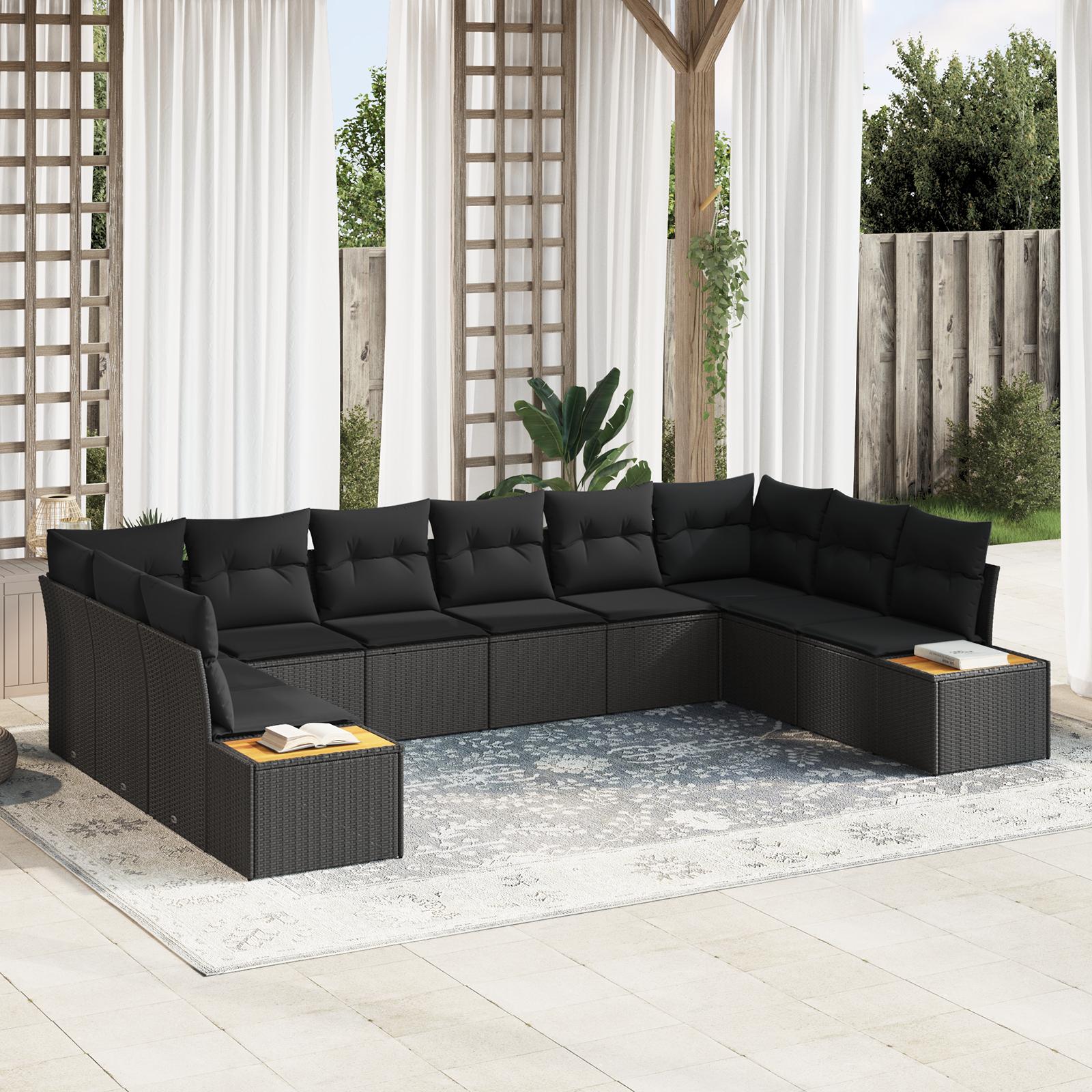 Havesofa-sæt i sort polyrattan - modulær udendørs sofagruppe, 10 pladser