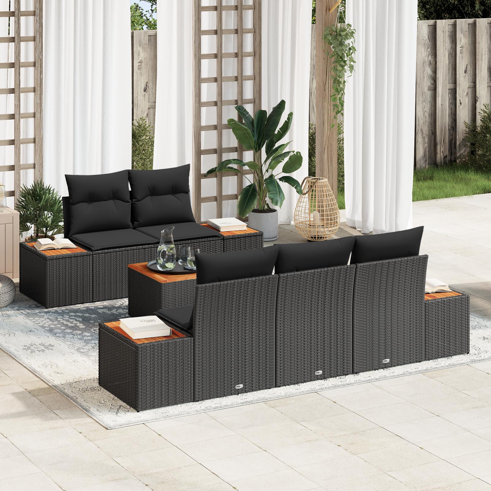 Havesofa SÃ¦t med pude med opbevaring 6 stk Sort Poly rattan