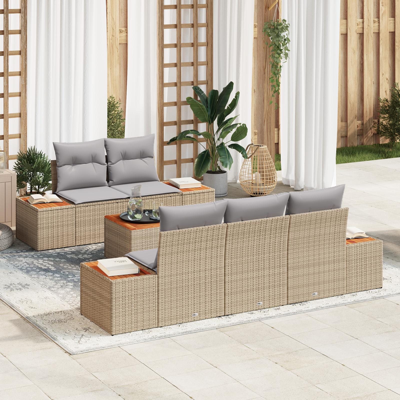 Havesofa Sæt med pude med opbevaring 6 stk Beige Poly rattan