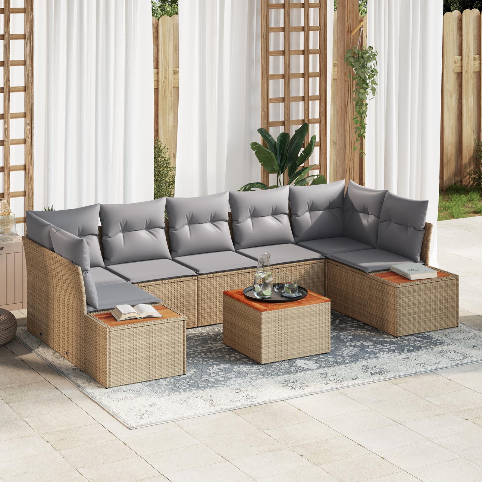 Havesofa Sæt Med Pude Med Opbevaring 8 Dele Poly Rattan - beige og lysegrå