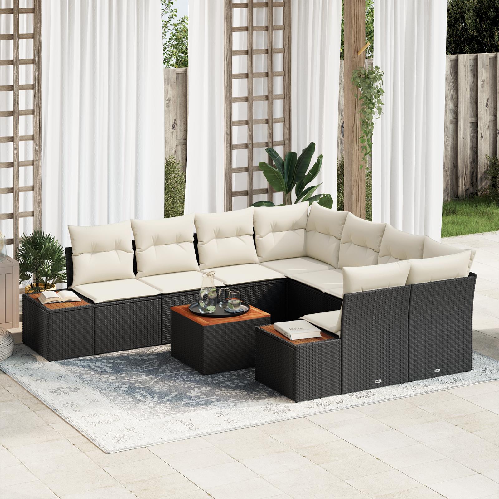 Havesofa Sæt med pude med opbevaring 9 stk Sort Poly rattan