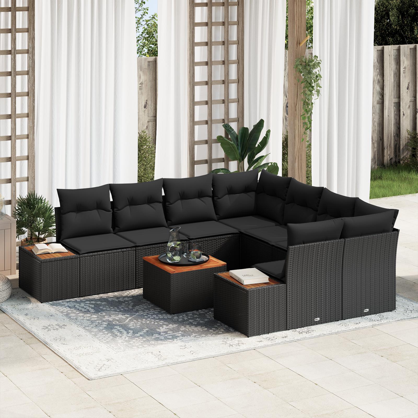 Havesofa Sæt med pude med opbevaring 9 stk Sort Poly rattan
