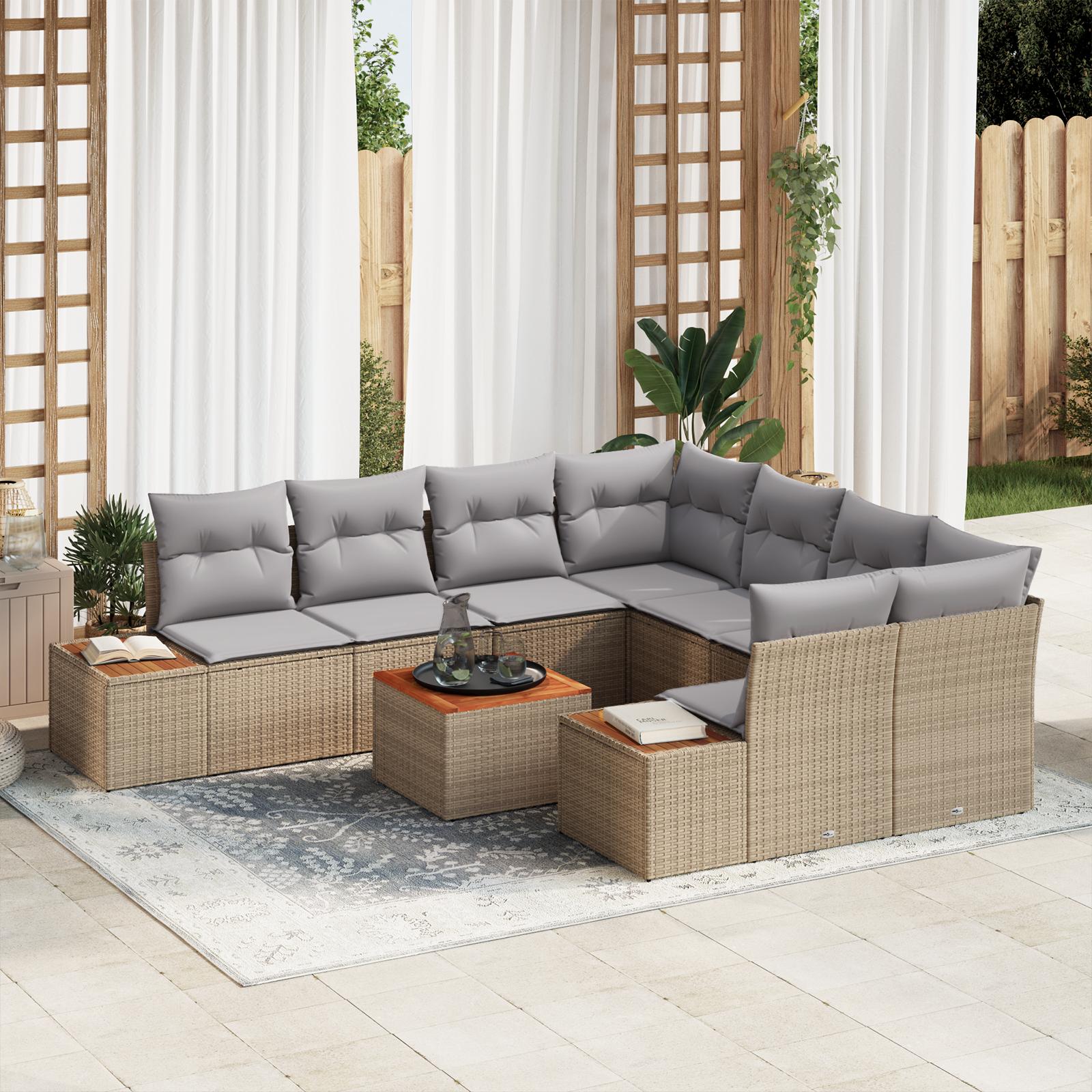 Havesofa Sæt med pude med opbevaring 9 stk Beige Poly rattan
