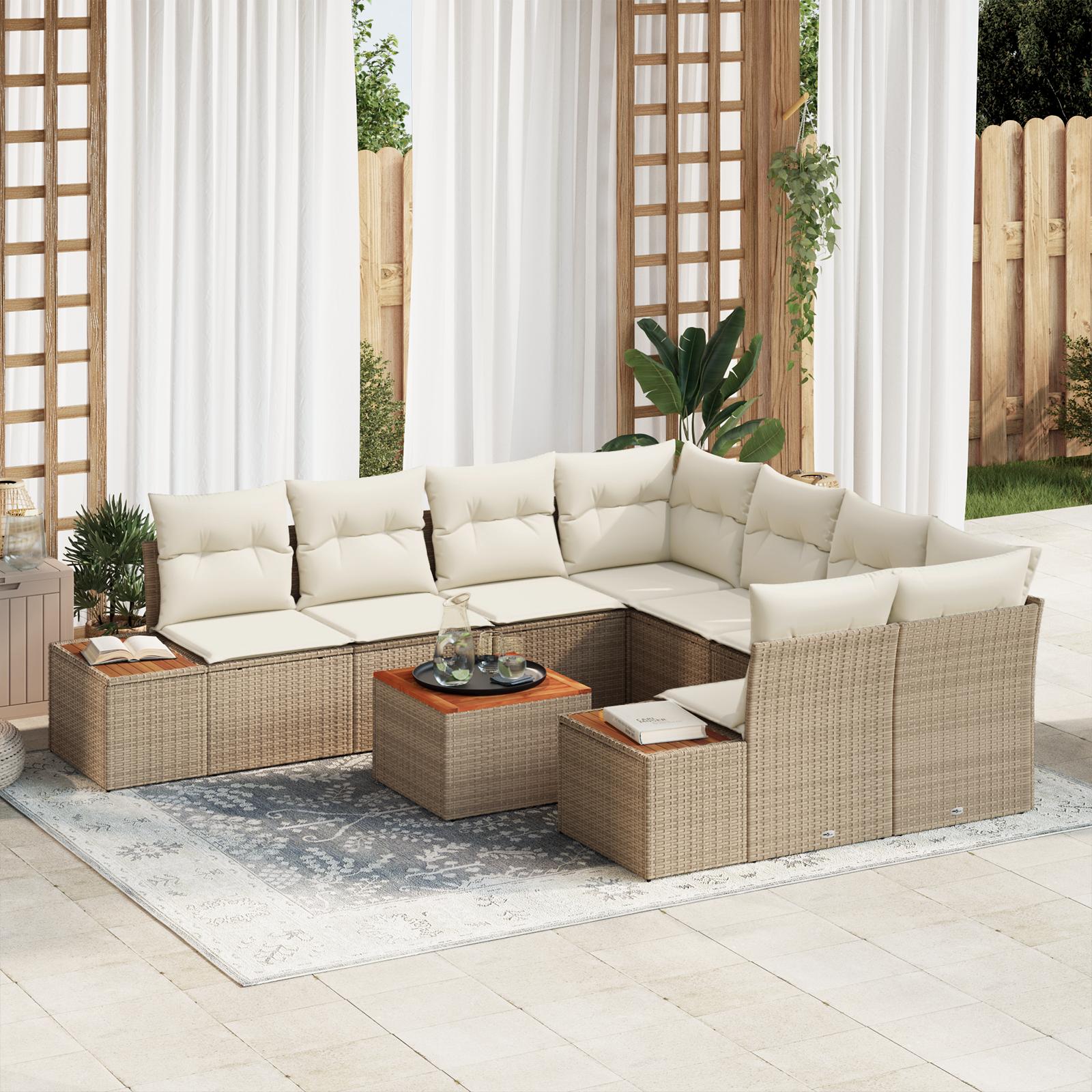 Havesofa Sæt med pude med opbevaring 9 stk Beige Poly rattan