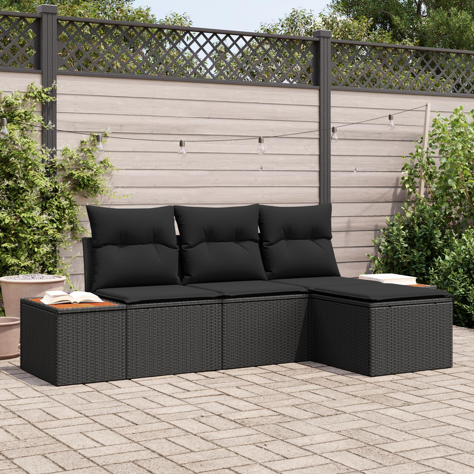 Havesofa Sæt med pude 4 stk Sort 184 x 62 x 85 cm Poly rattan