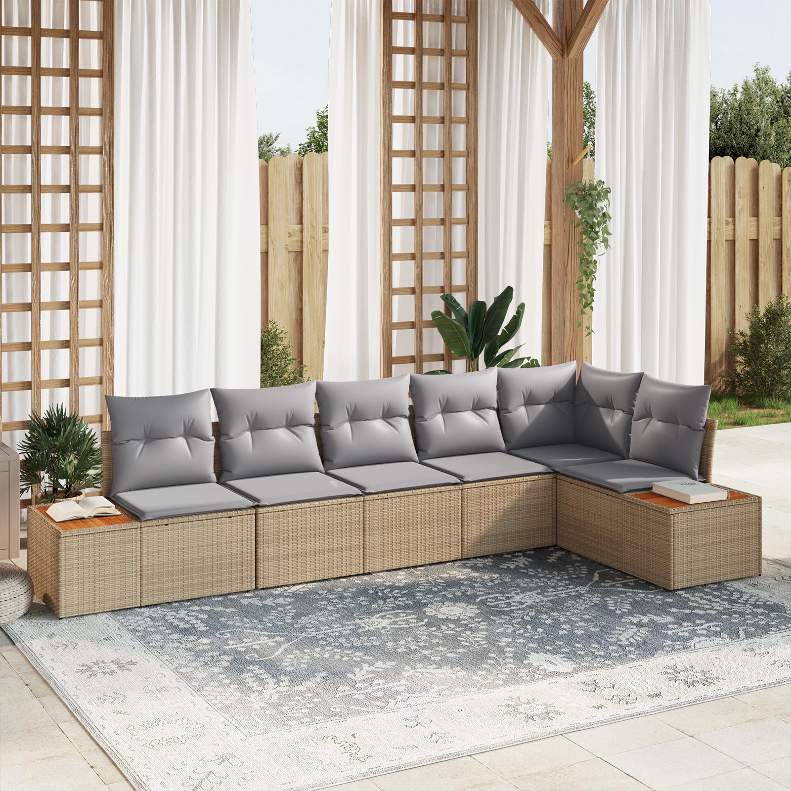 Modulær havesofa - 6-delt sæt i beige/lysegrå polyrattan med puder