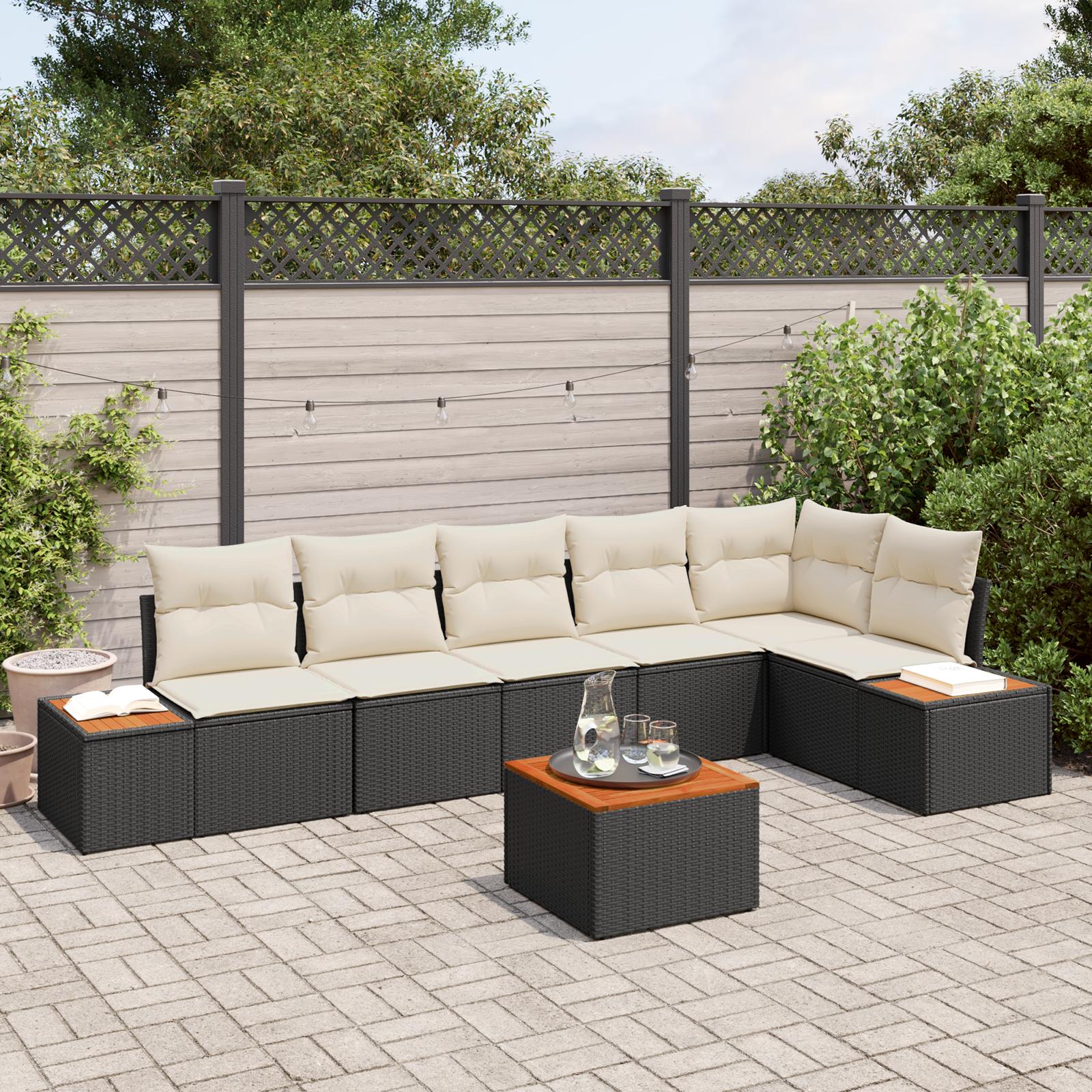 Modulær havesofa sæt i polyrattan - 6 dele, sort/creme med akacietræsborde