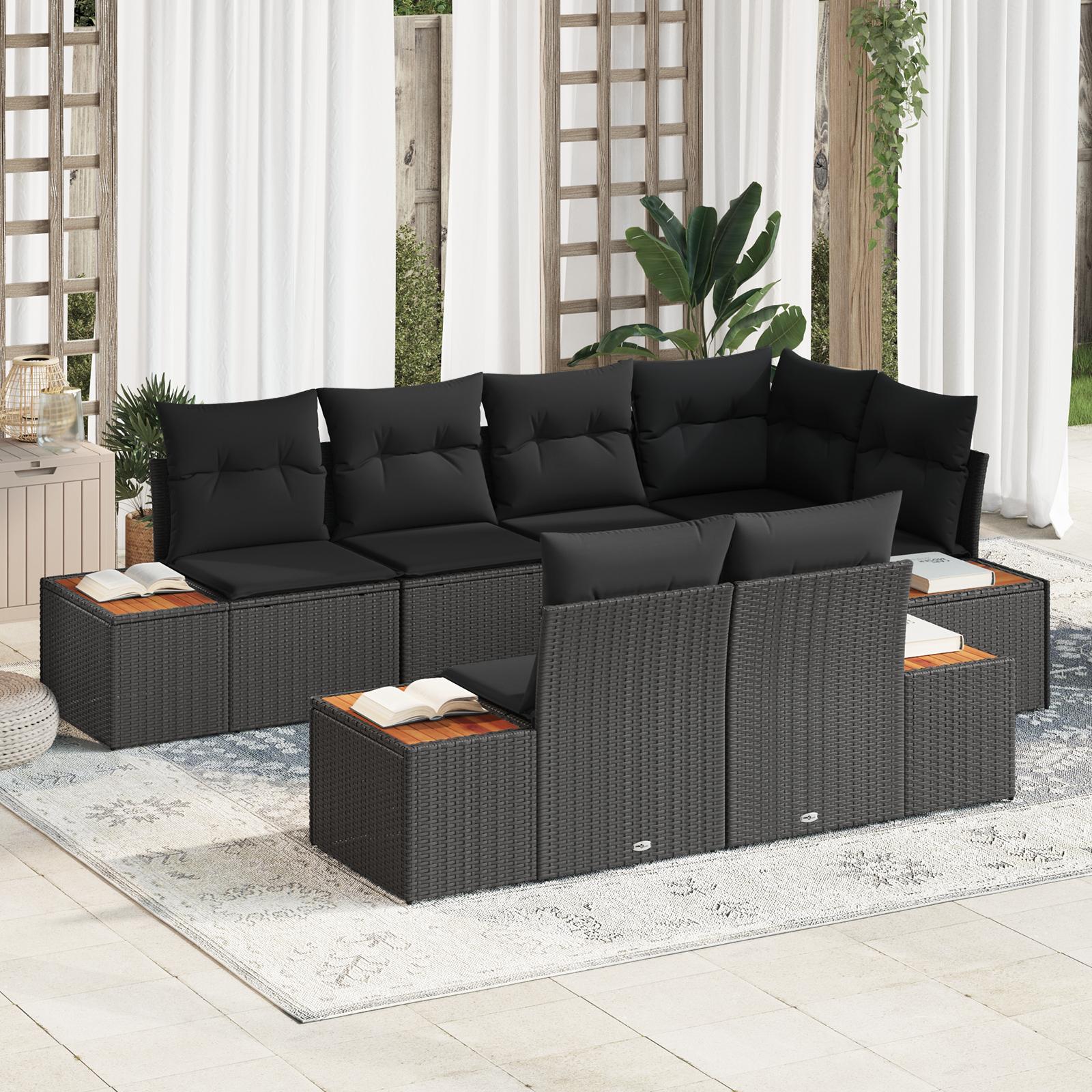Havesofa Sæt med pude 7 stk Sort 264 x 154 x 85 cm Poly rattan