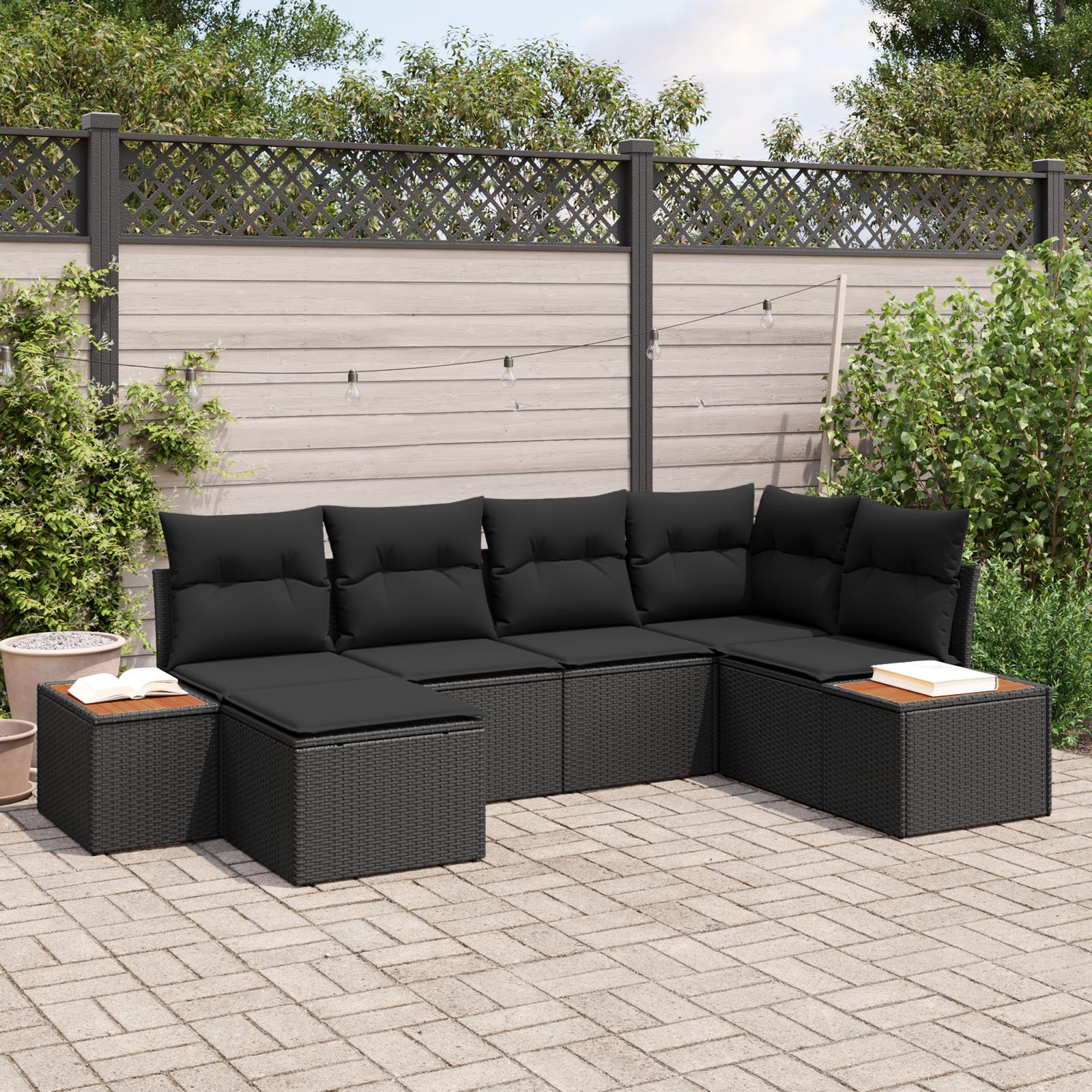 6-delt have sofa sæt med puder sort polyrattan akacietræ