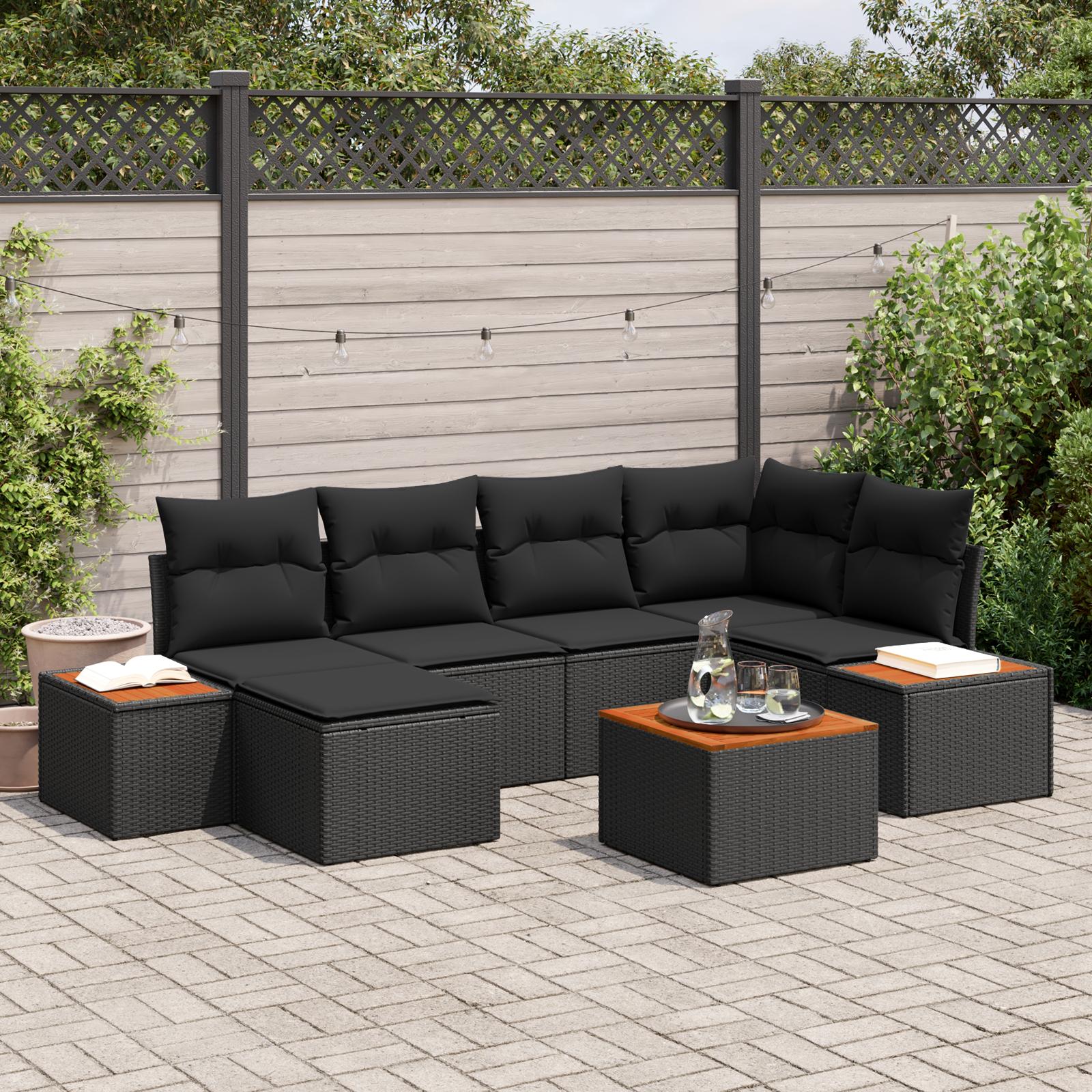 Havesofa Sæt med pude 7 stk Sort 264 x 154 x 85 cm Poly rattan