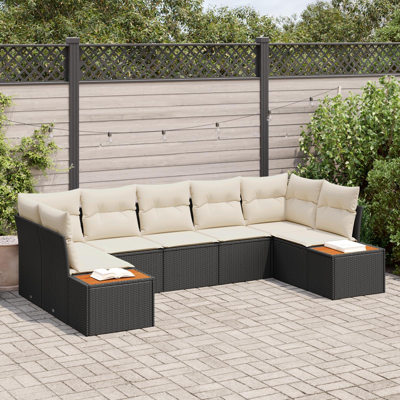 7 Stykker Have Sofa Set med Pudebetræk Sort Poly Rattan Akacietræ