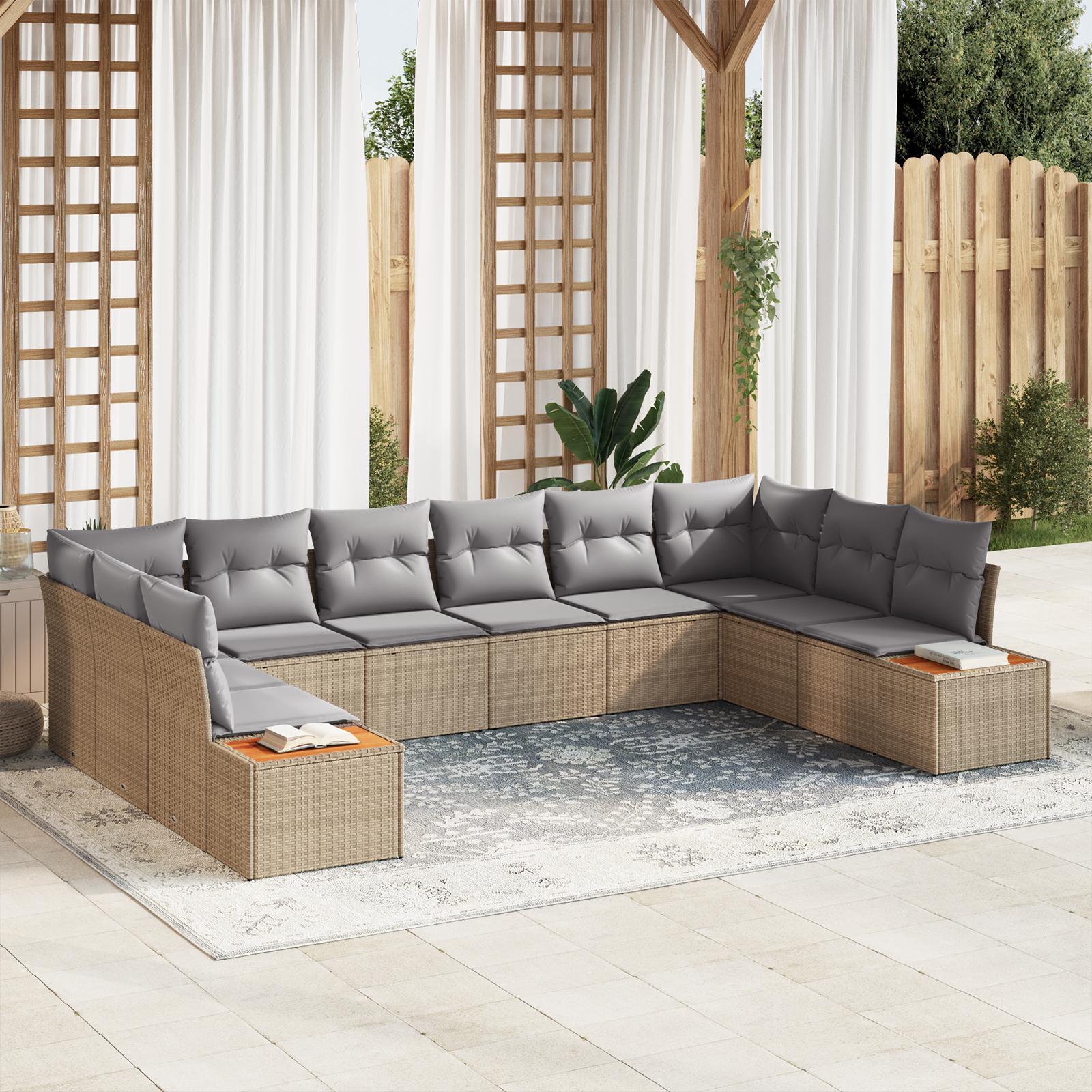 Havesofa Sæt med pude 10 stk beige og lysegrå 344 x 209 x 85 cm