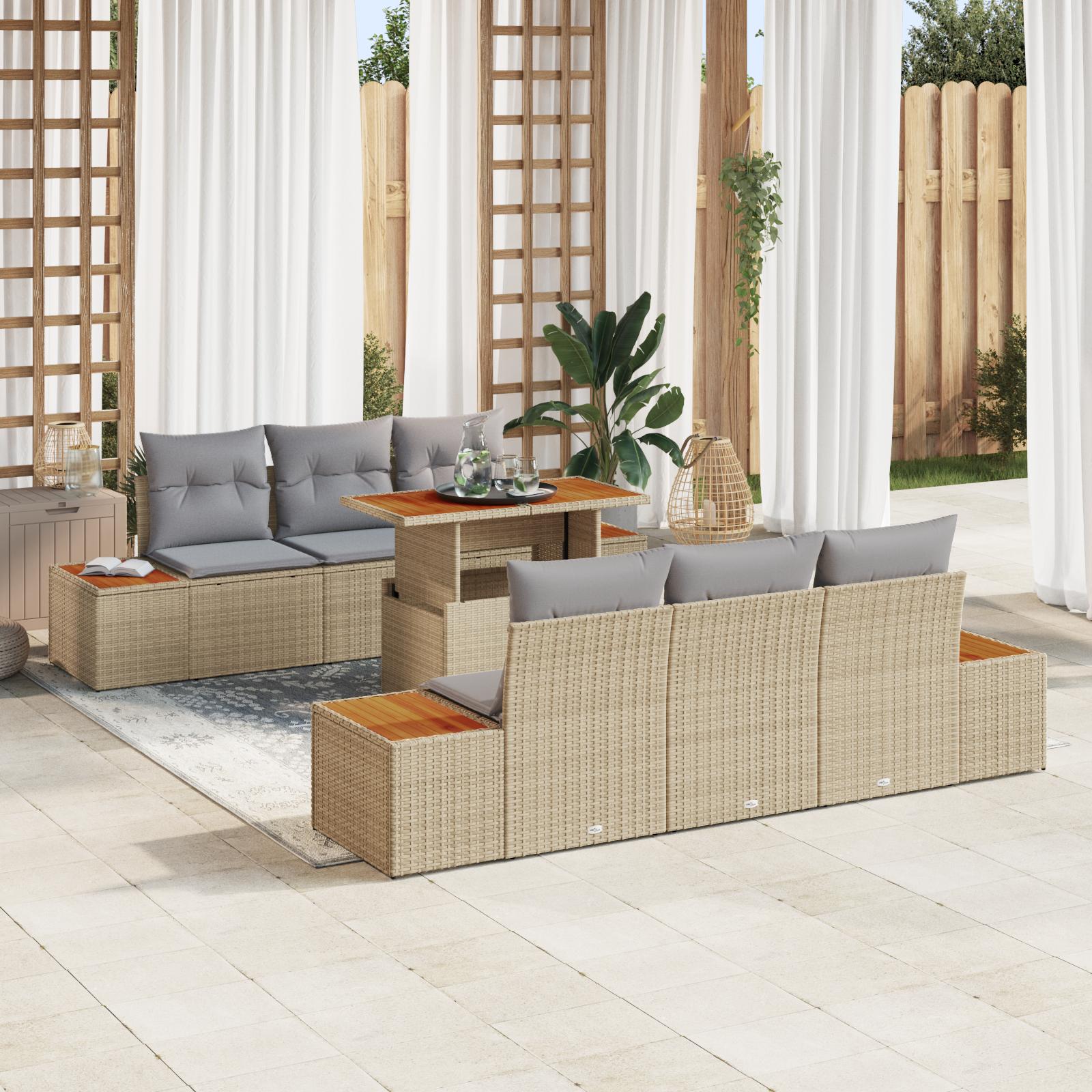Havesofa-sæt med opbevaring, 7 dele - beige polyrattan, modulært