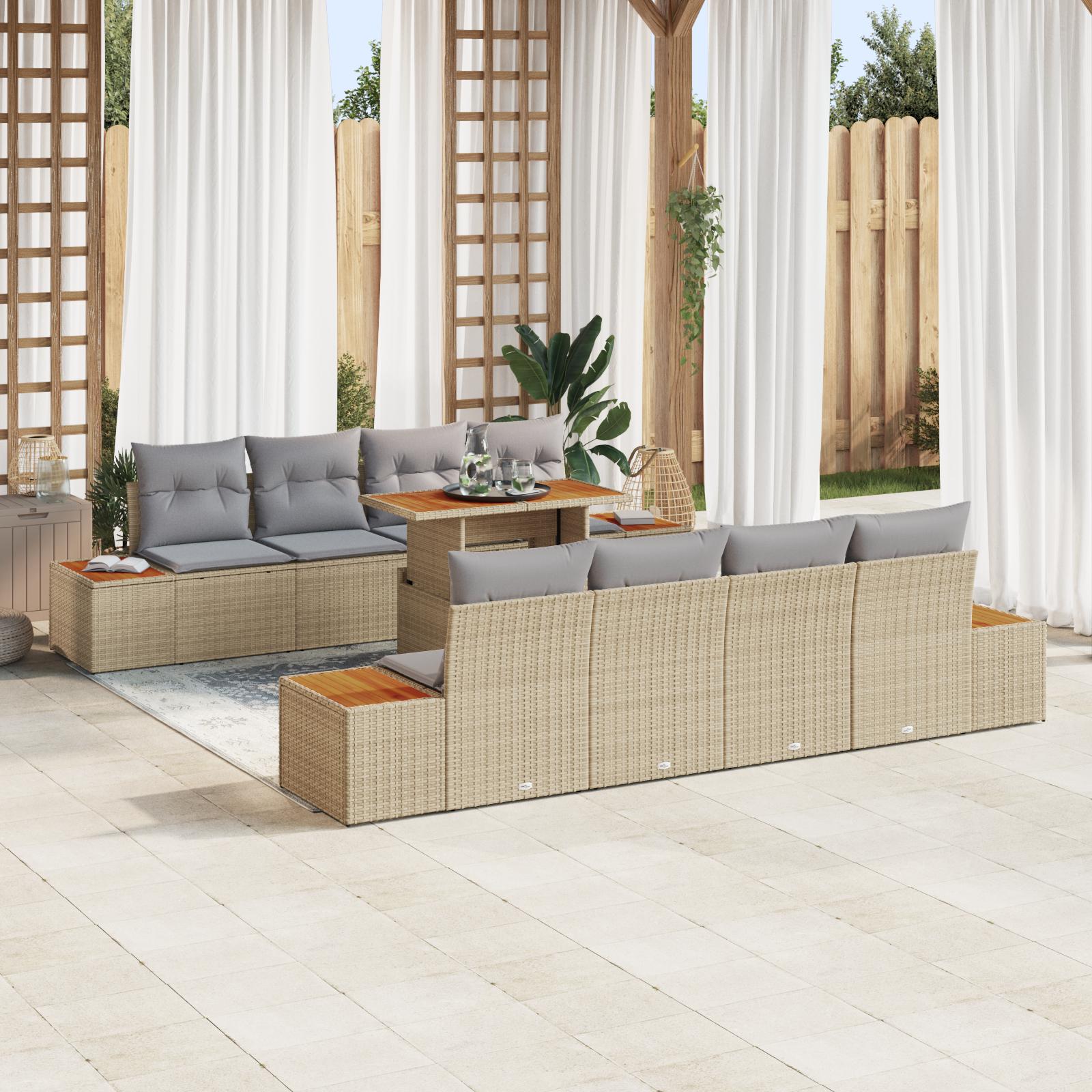 Havesofa sæt med puder og opbevaring - 9 dele, beige polyrattan
