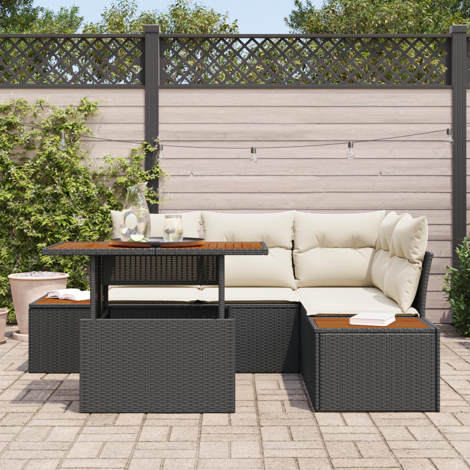 Havesofa sæt med opbevaring - 5 dele, sort poly rattan