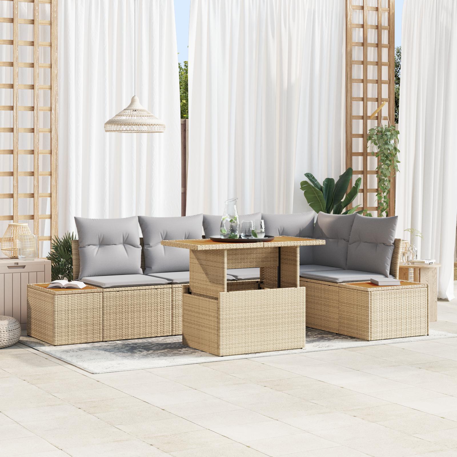 6 Delers Have Sofasæt med Puder Beige Poly Rattan