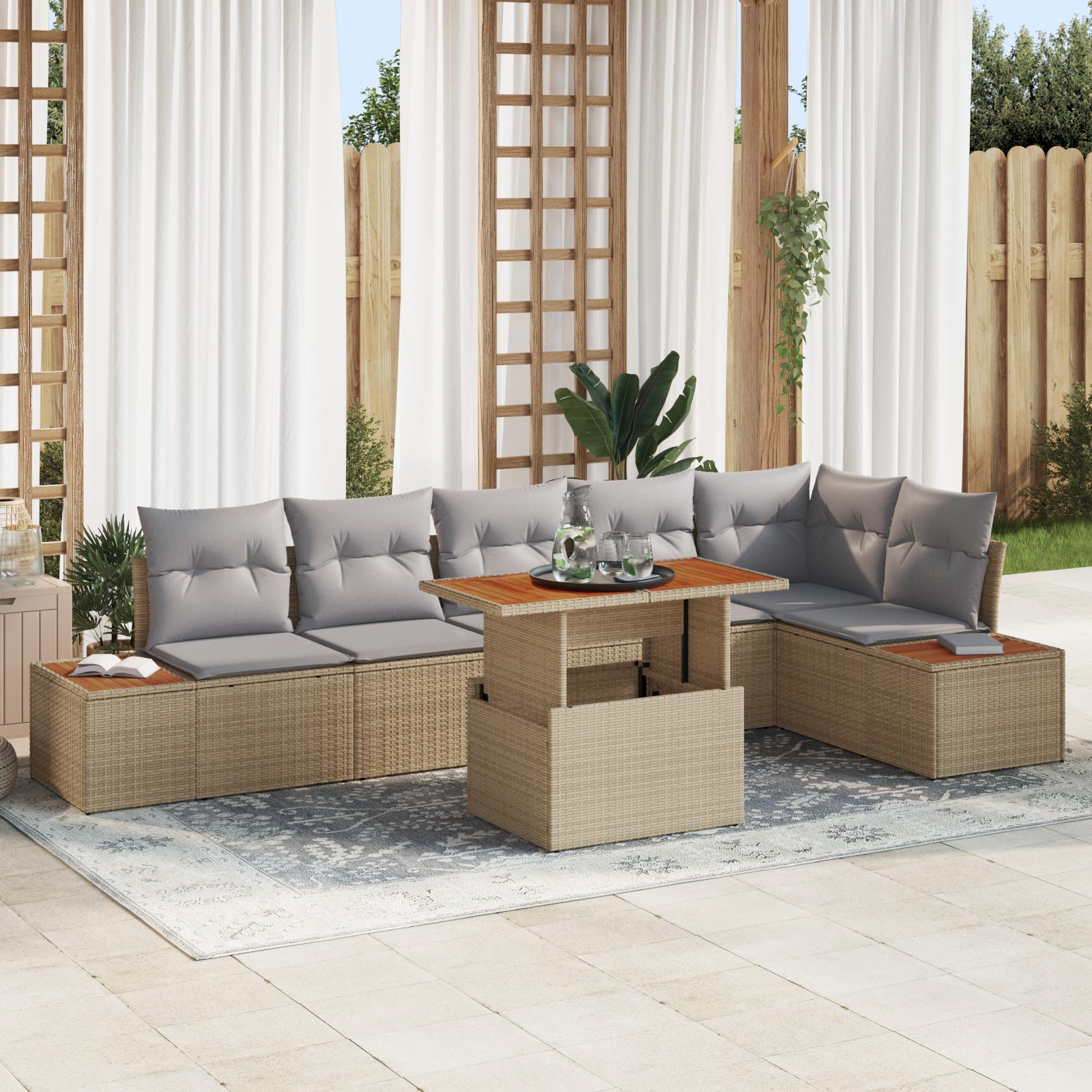 Havesofa sæt med opbevaring - 7 dele i beige poly rattan