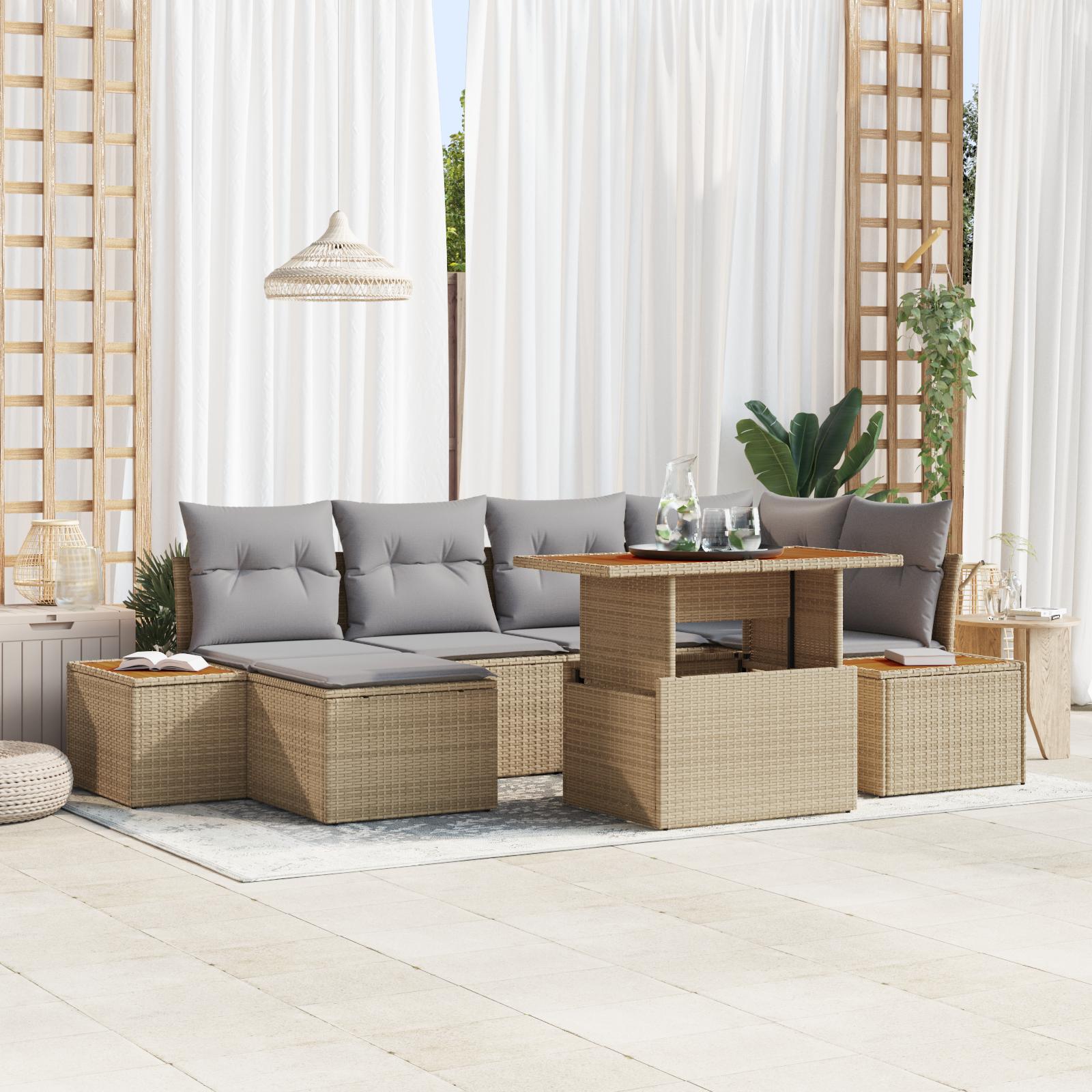 Havesofa Sæt Med Opbevaring 7 Dele Poly Rattan - beige og lysegrå