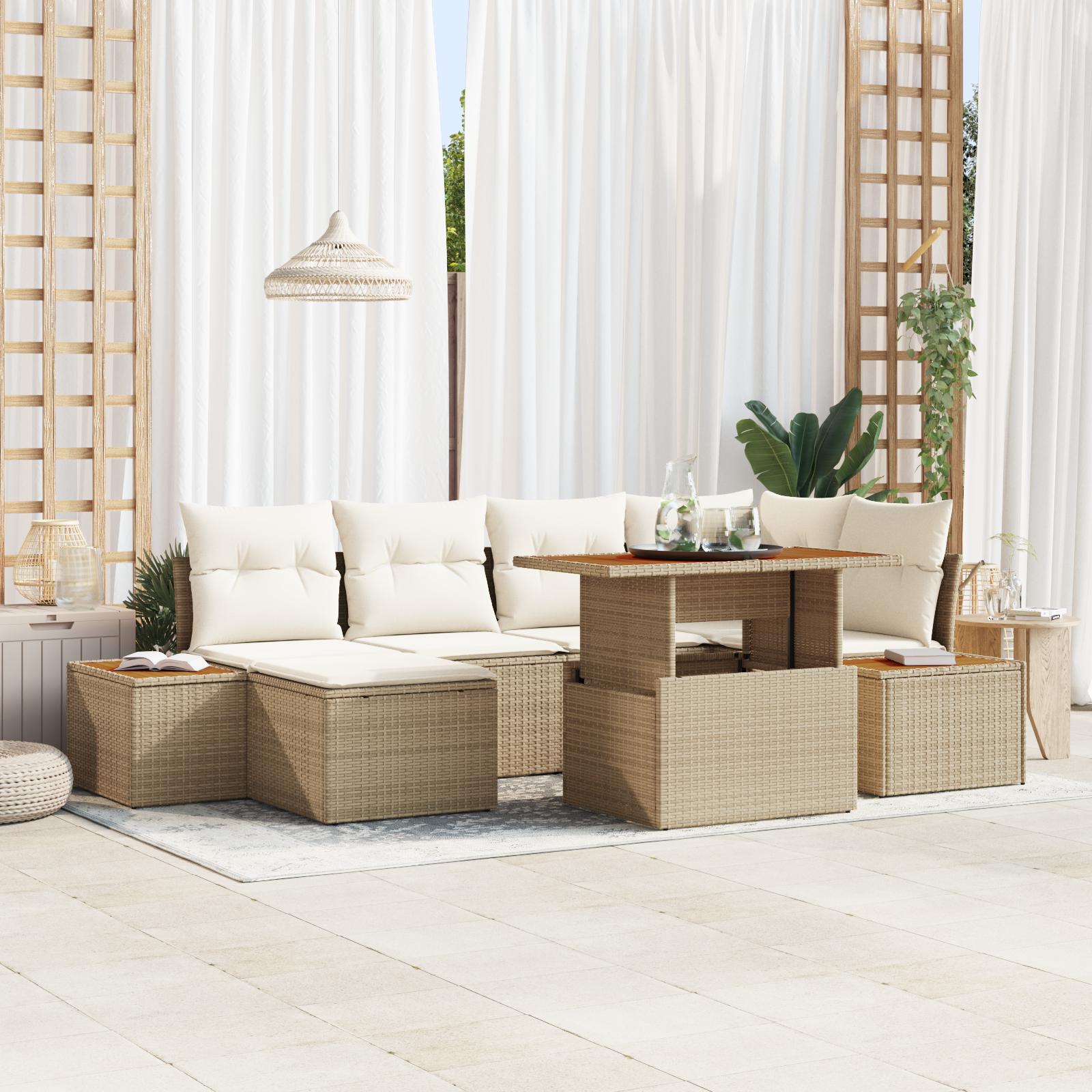Havesofa Sæt Med Opbevaring 7 Dele Poly Rattan - Beige og hvid