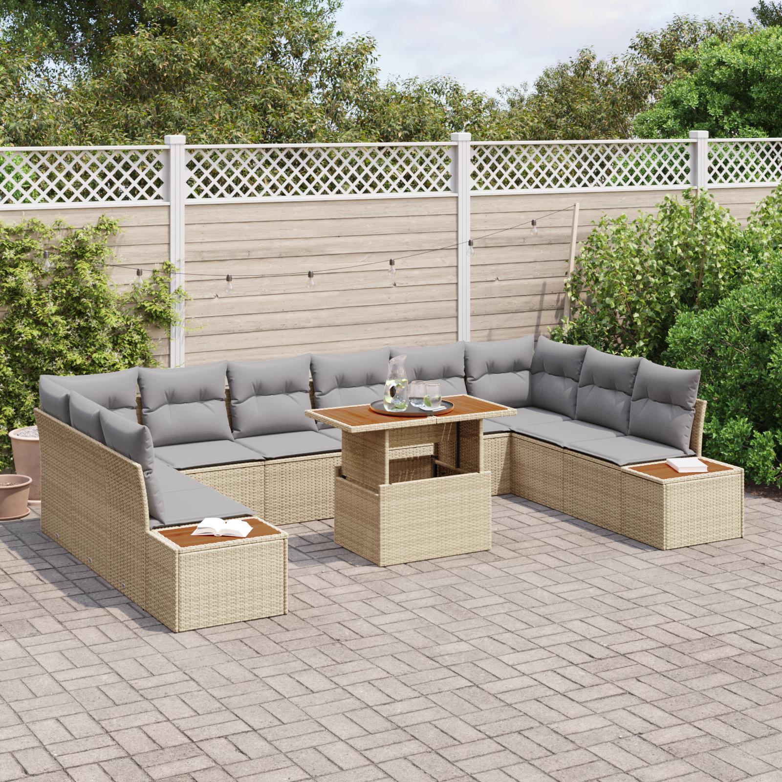 Havesofa-sæt med opbevaring - 11 dele i beige polyrattan, modulopbygget
