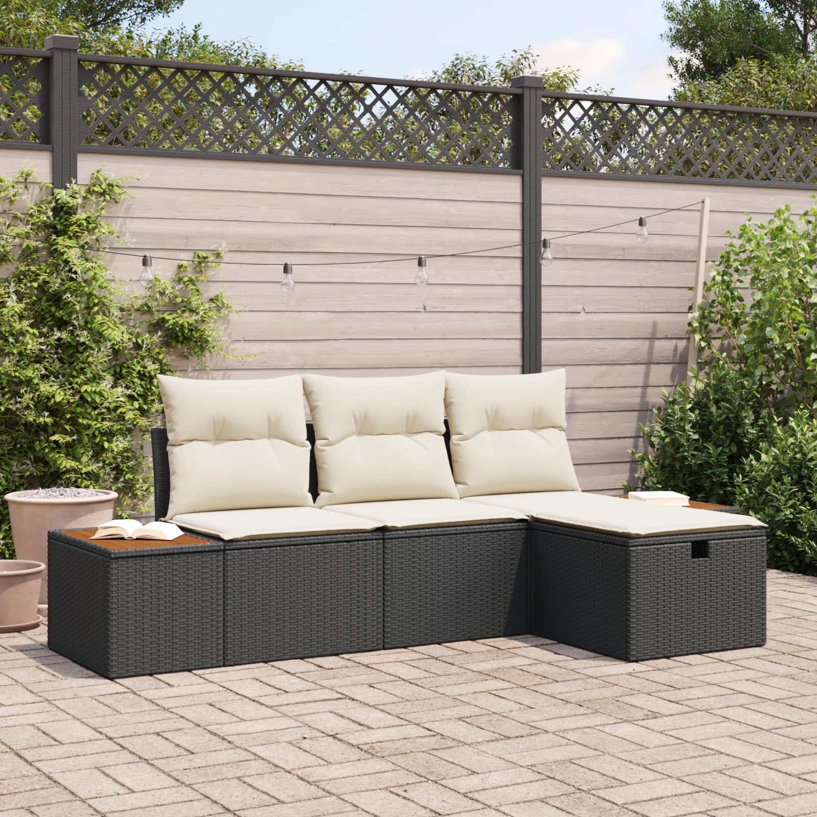 Havesofa Sæt med pude 4 stk Sort Poly rattan