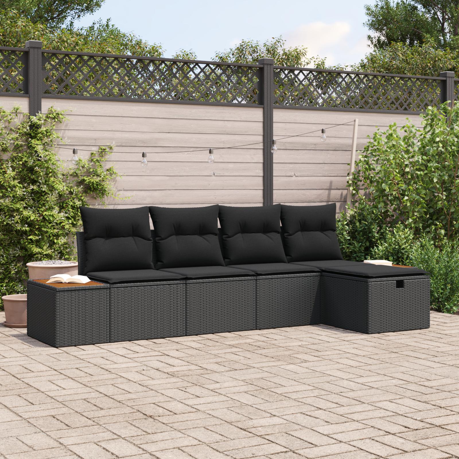 Modulær havesofa sæt med puder - 5 dele, sort polyrattan