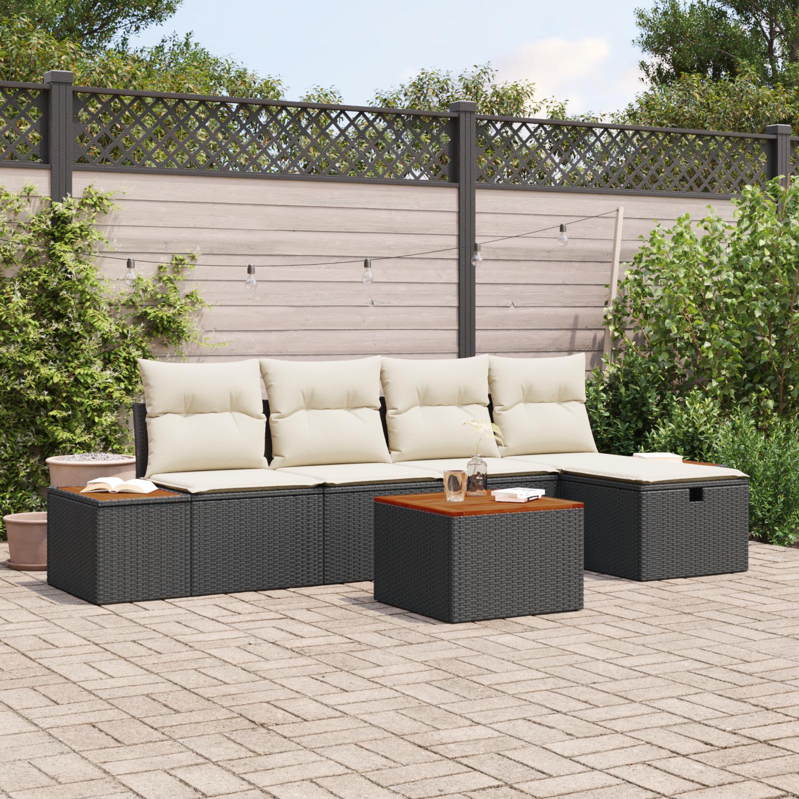 Modul havesofa sæt med puder - 6 dele, sort polyrattan