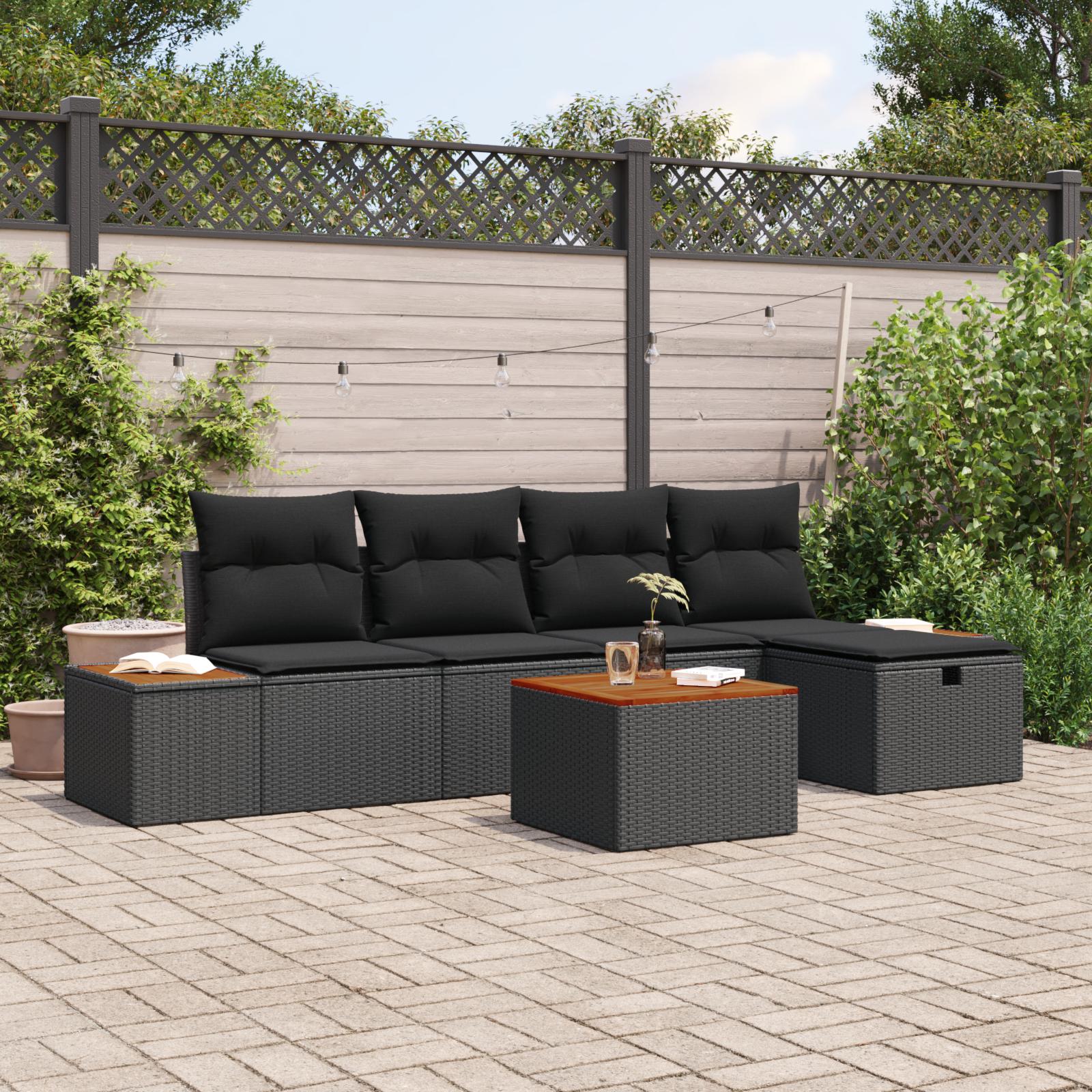 Havesofa sæt i sort polyrattan med puder - 6 dele, modulopbygget
