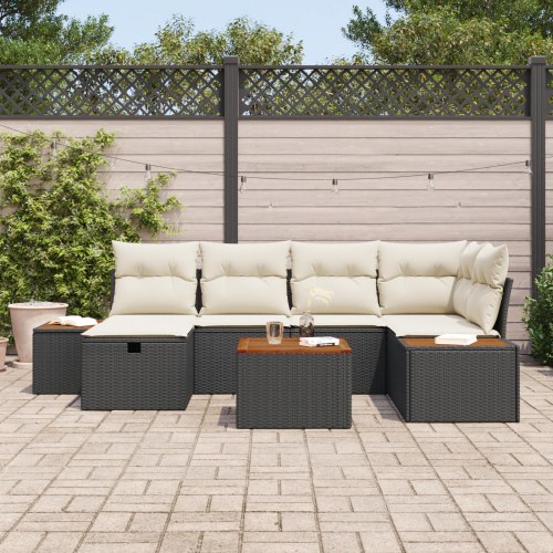 Havesofa Sæt med pude 7 stk Sort 55 x 62 x 69 cm Poly rattan