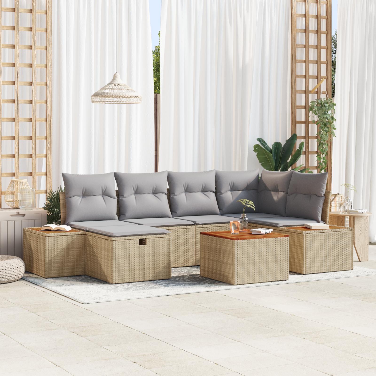 Havesofa Sæt med pude 7 stk Beige 55 x 62 x 69 cm Poly rattan