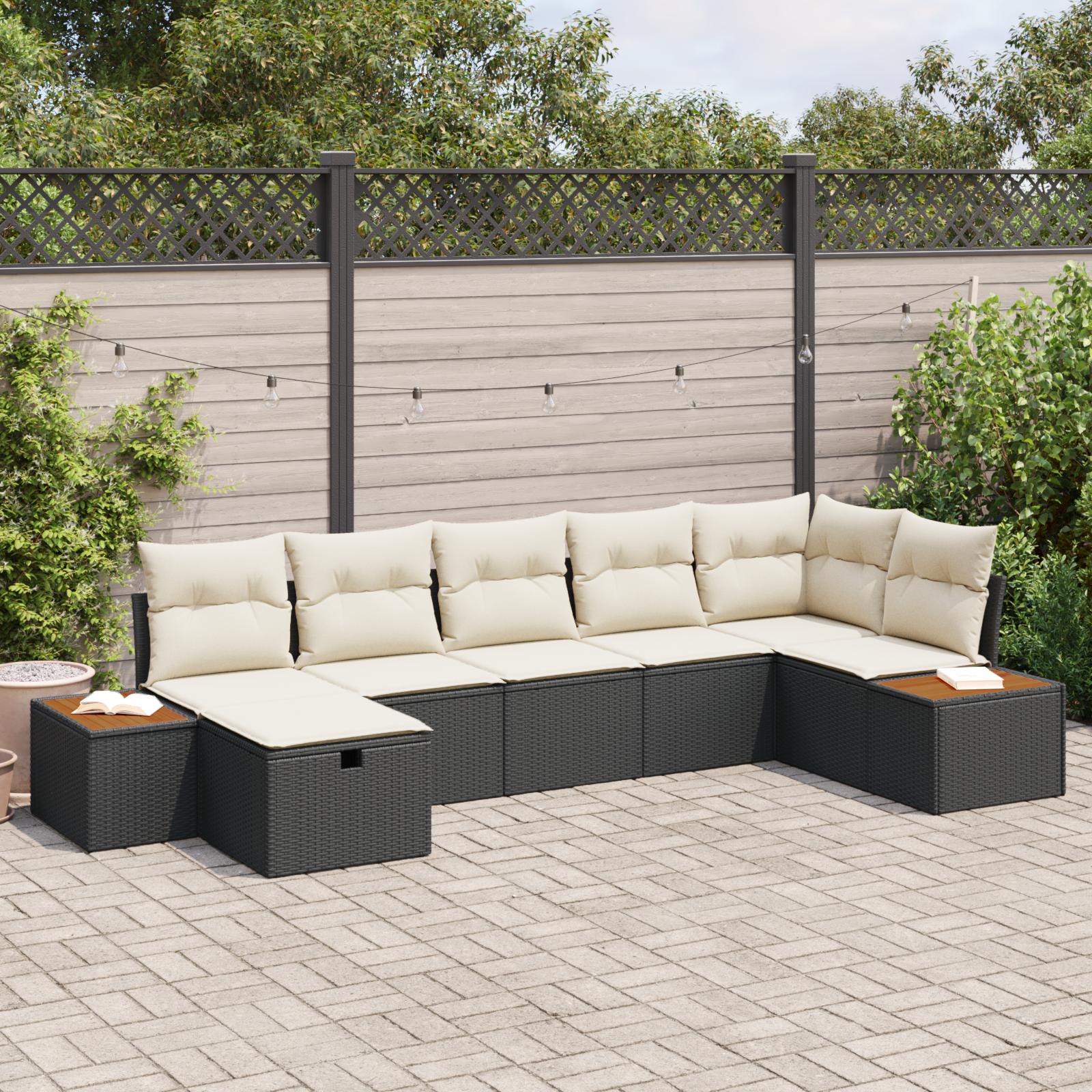 Havesofa Sæt med pude 7 stk Sort Poly rattan