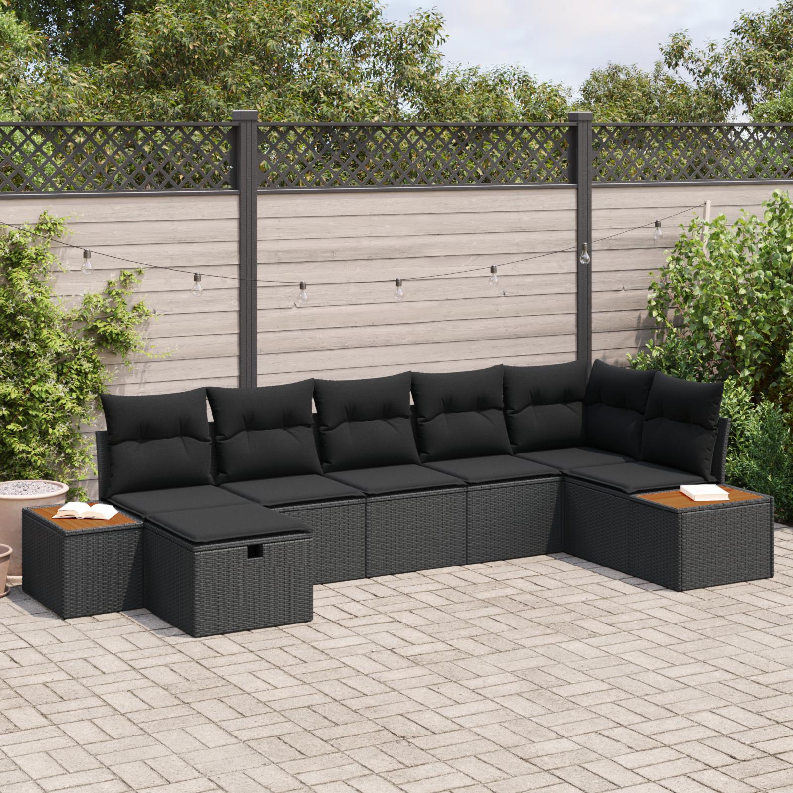Havesofa Sæt med pude 7 stk Sort Poly rattan