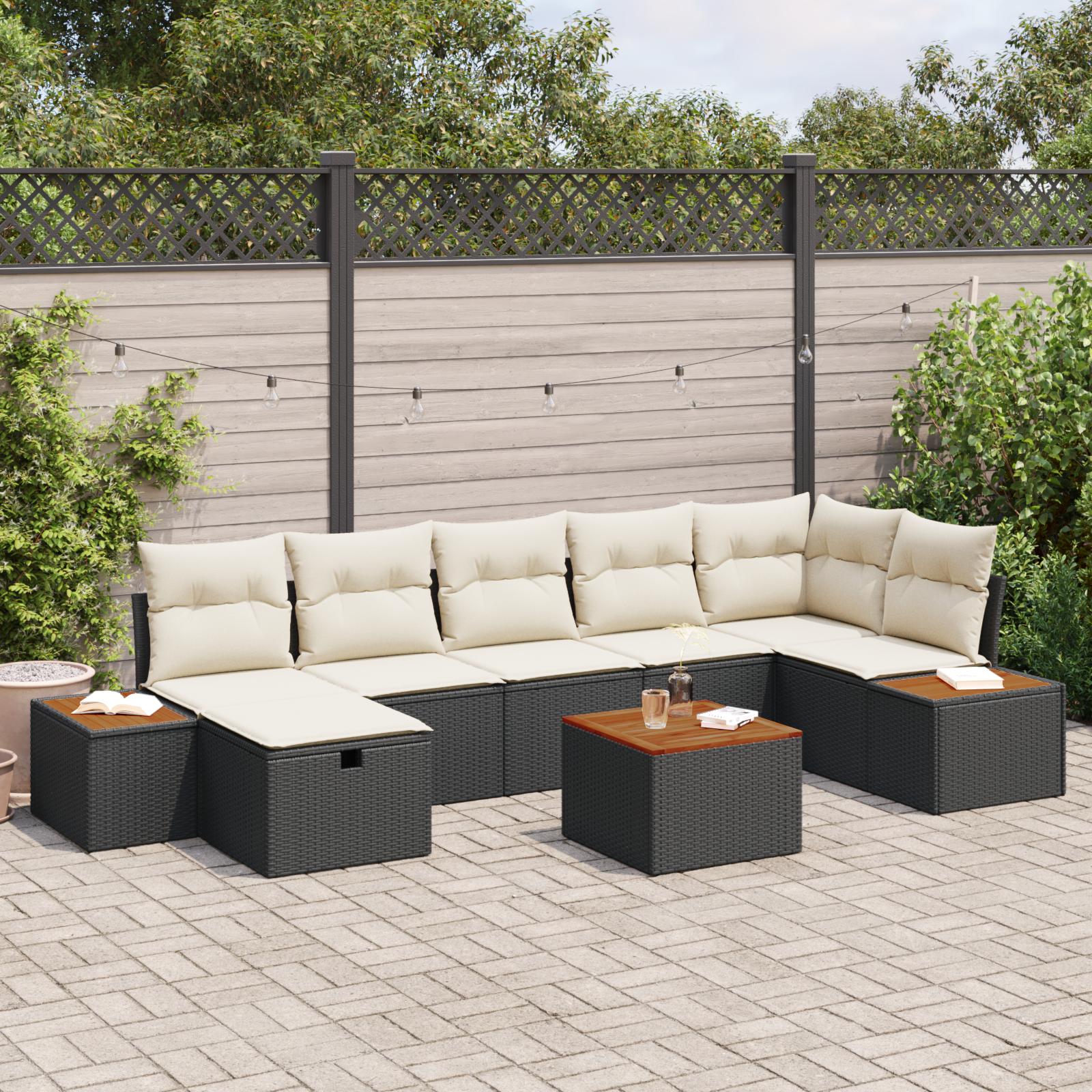 Havesofa Sæt med pude 8 stk Sort Poly rattan