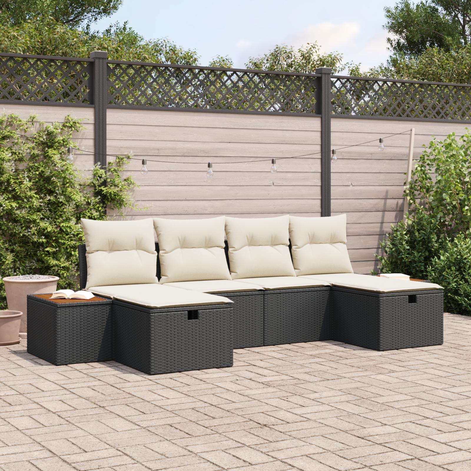 Havesofa Sæt med pude 6 stk Sort 55 x 62 x 69 cm Poly rattan