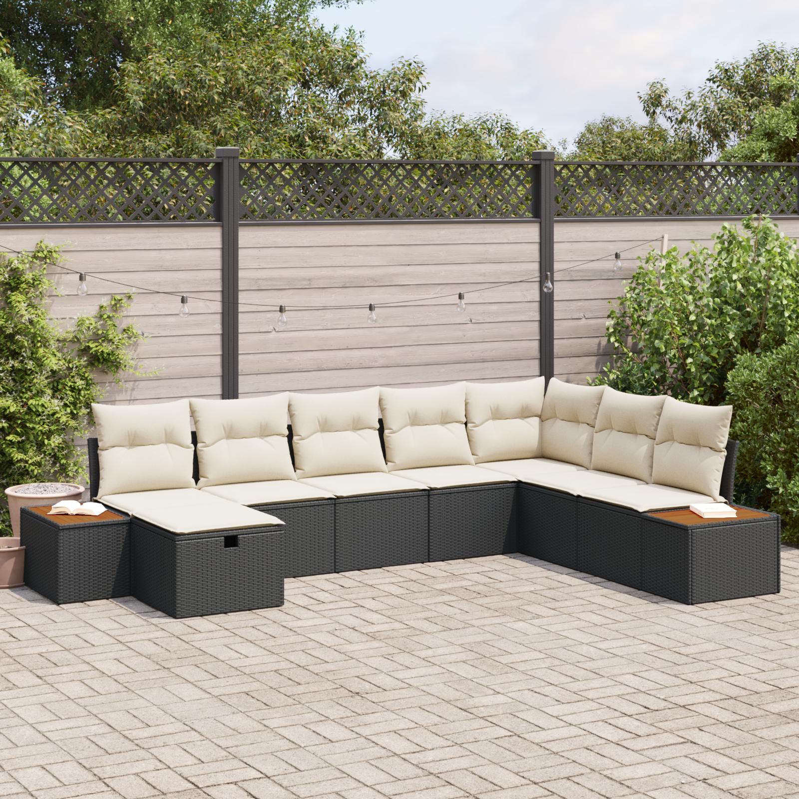 Havesofa Sæt med pude 8 stk Sort Poly rattan