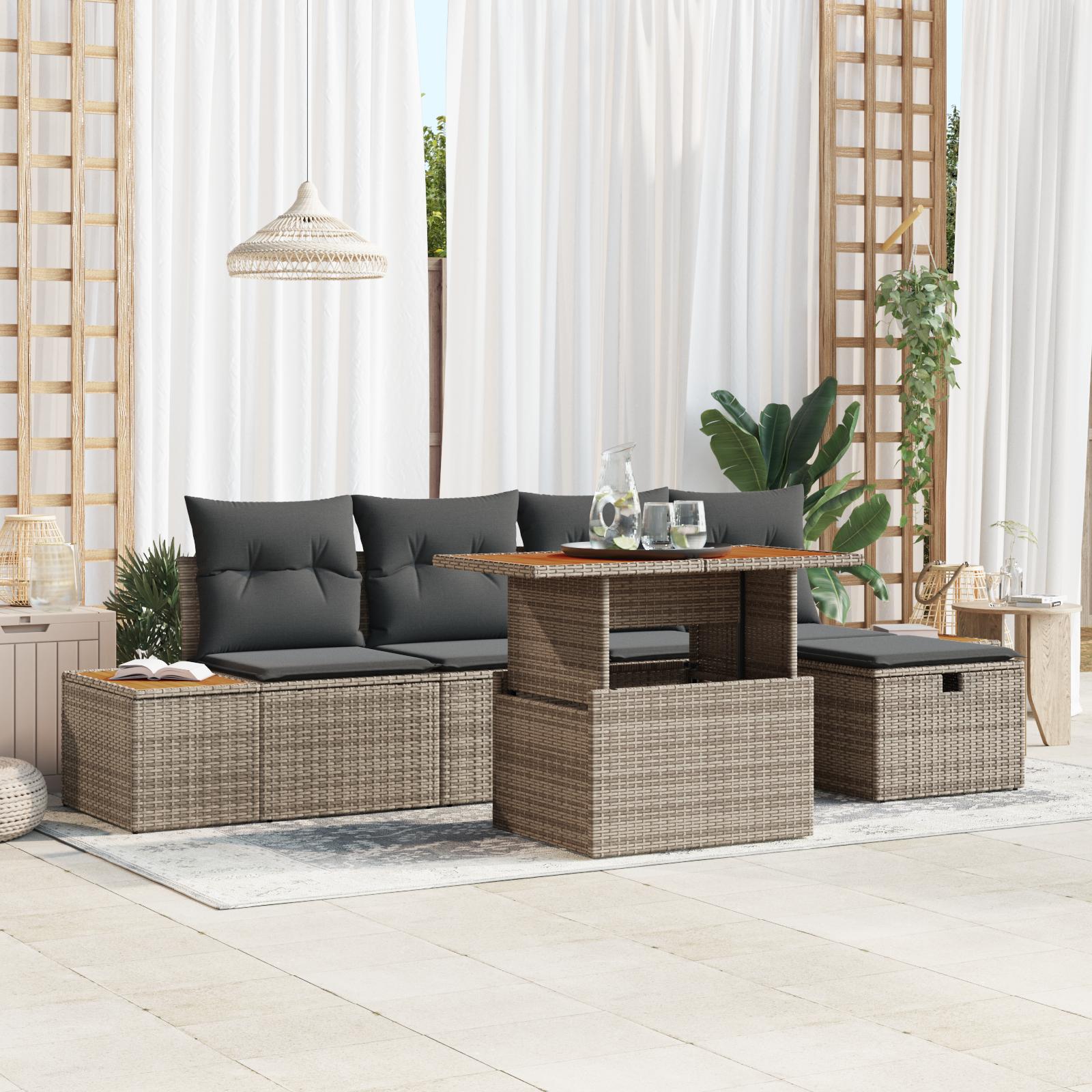 Havesofa sæt i grå polyrattan - 6 dele, modulopbygget med bord
