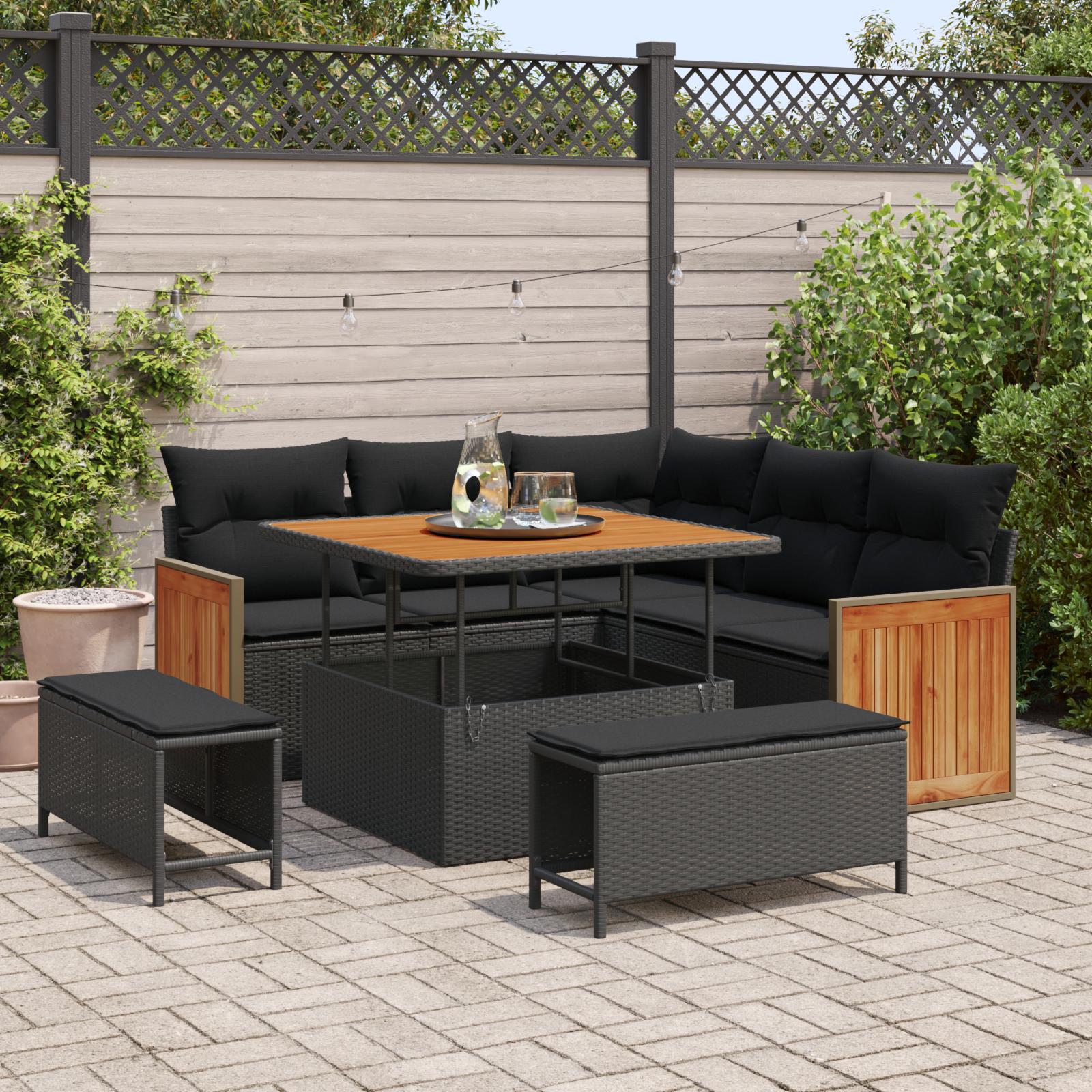 Havesofa Sæt med pude 8 stk Sort 100 x 100 x 71 cm
