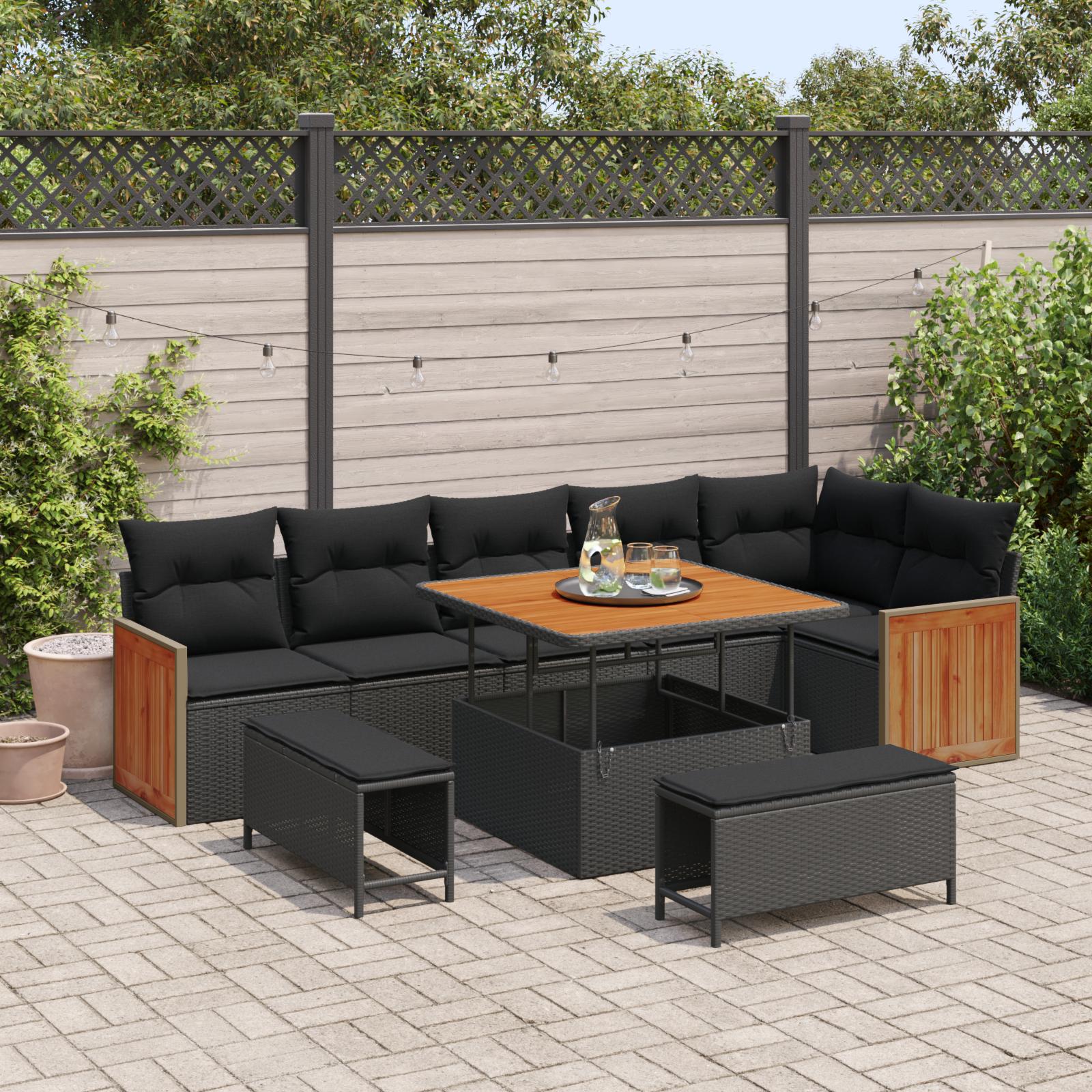 Havesofa Sæt med pude 9 stk Sort 100 x 100 x 71 cm